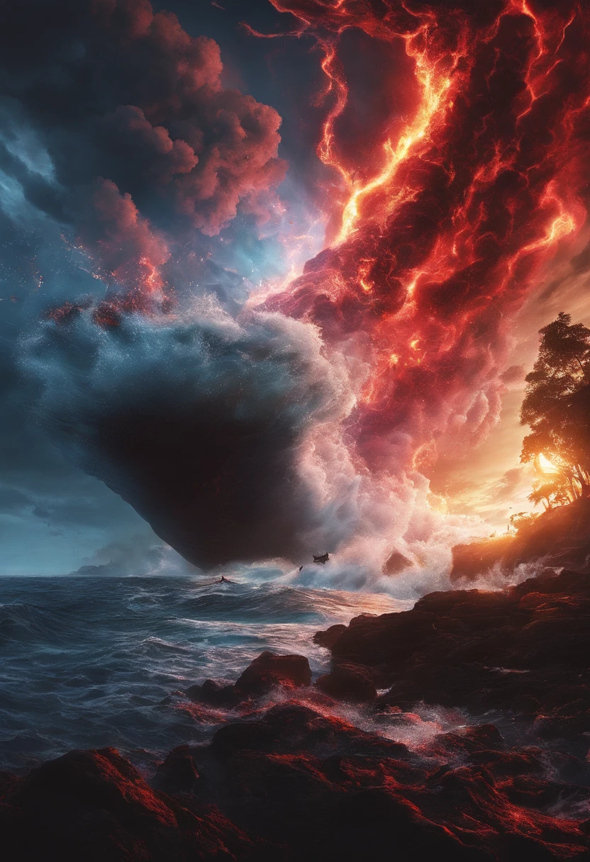 （Giant volcanic eruption：1.37），（Undersea volcanic eruption),Four pieces of hot magma，Scorched black rock， (Sky volcanic ash），beachside，（rolling waves：1.0），Fire red sky，destroy，inverted image，Epic graphics，shocking effects，,Photography,Barnett S.......,Photorealism,Imaginative,Otherworldly,Image from the work of Darren Aronofsky,Quixel Megascans Render,The picture is from Roger Deakins's work,Bottom view,Beautiful lighting, --AR 9:16 --V 5.2 --Upper Beta --Stop 80