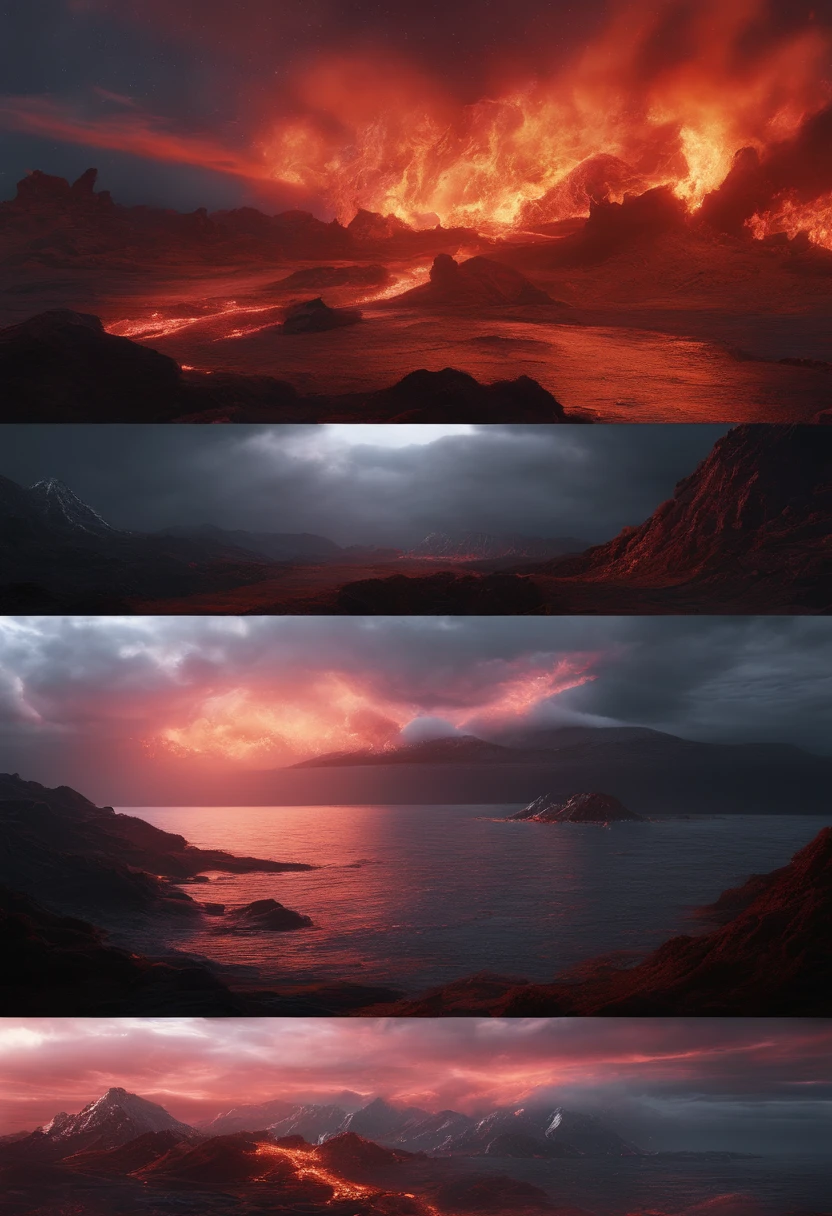 (Giant volcanic eruption:1.37),(Undersea volcanic eruption),Four pieces of hot magma,Scorched black rock, (Sky volcanic ash),beachside,(rolling waves:1.0),Fire red sky,destroy,inverted image,Epic graphics,shocking effects,,Photography,Barnett S.......,Photorealism,Imaginative,Otherworldly,Image from the work of Darren Aronofsky,Quixel Megascans Render,The picture is from Roger Deakins's work,Bottom view,Beautiful lighting, --AR 9:16 --V 5.2 --Upper Beta --Stop 80