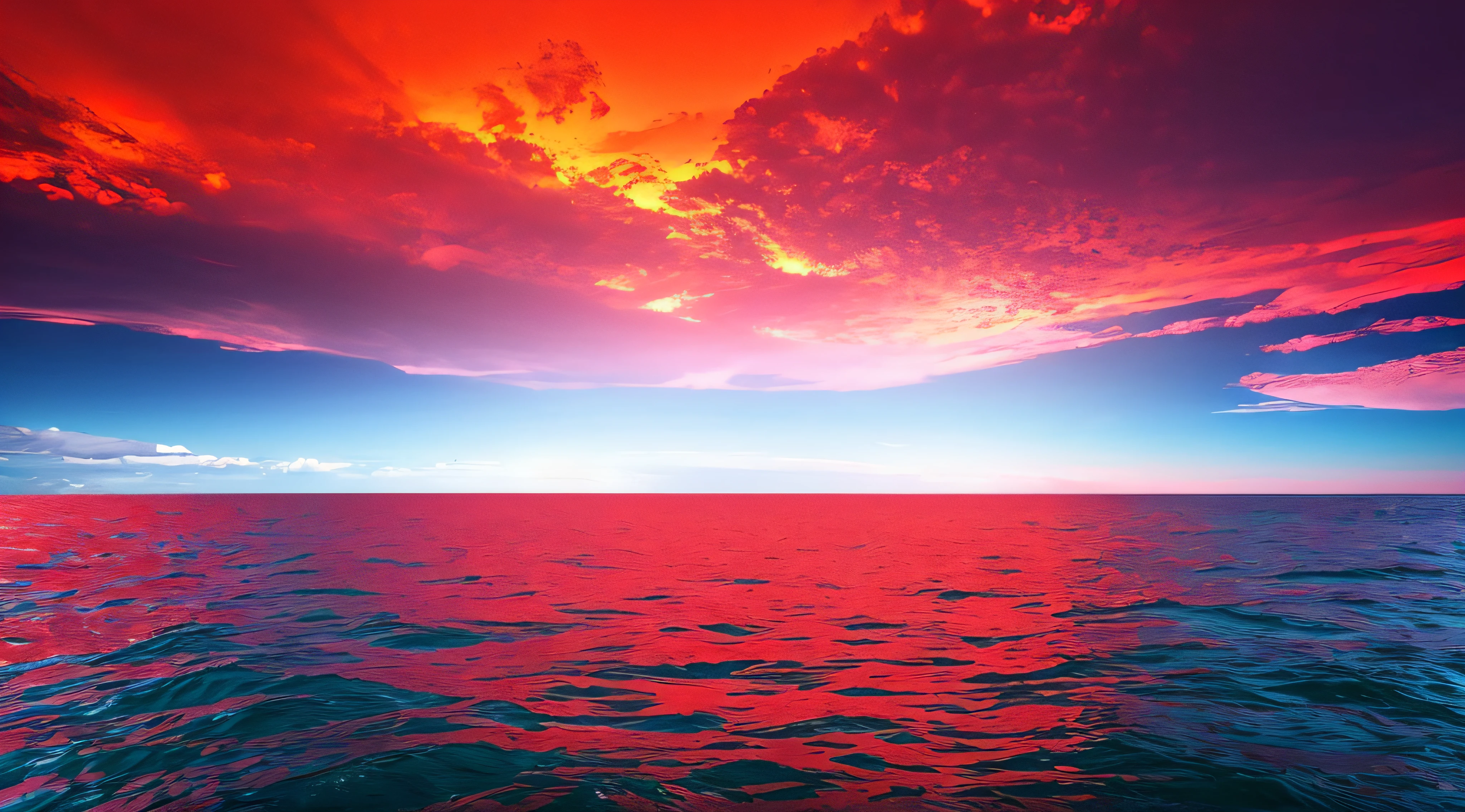 The surface and the island of red water scenery. Sky with clouds. Bloody sunset background with copy space for design. War, apocalypse, armageddon, nightmare, halloween, evil, horror concept