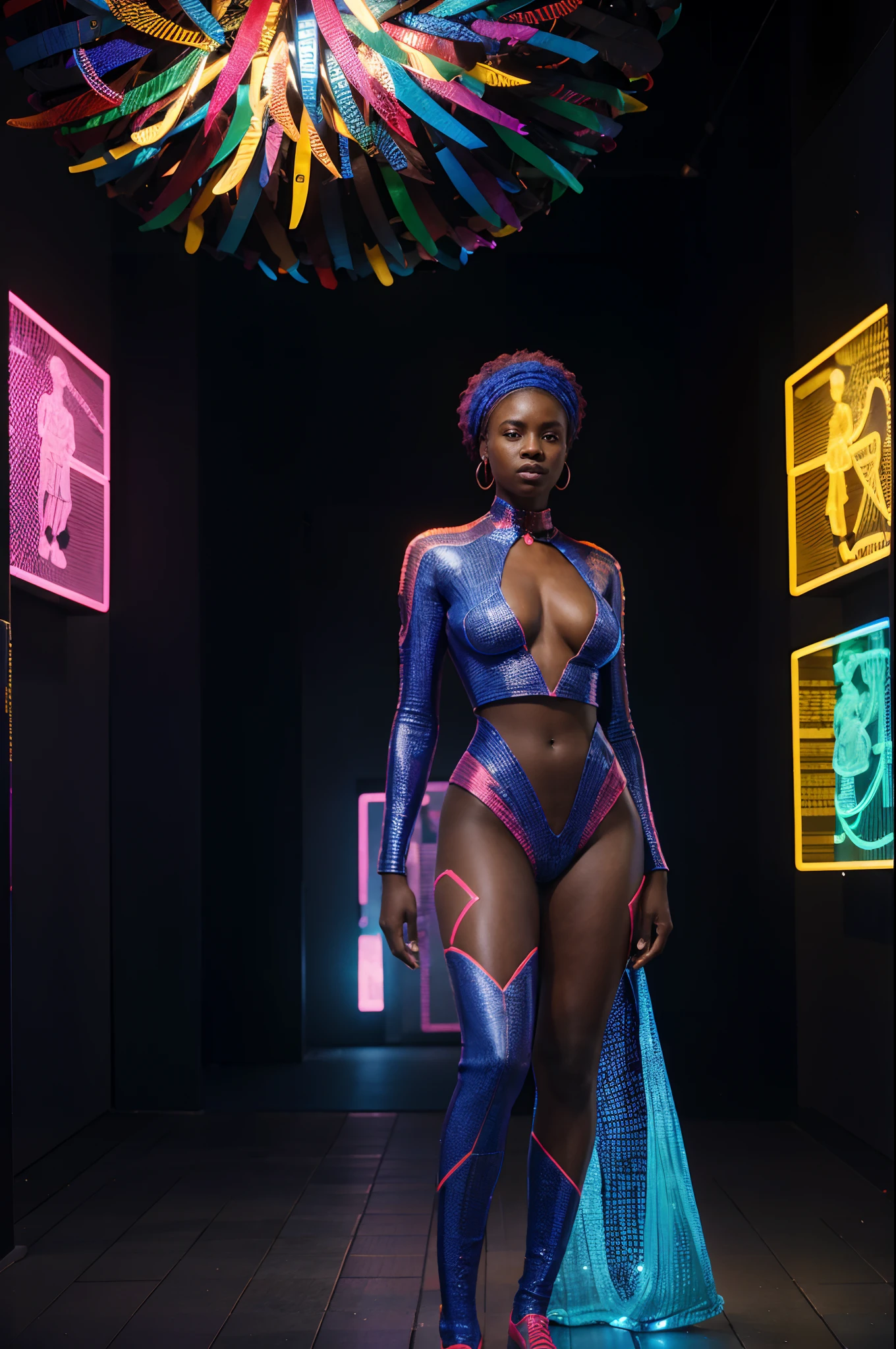 Full body shot of an African woman dressed in neon lit African designed clothes, standing in museum full of QR code sculptures, QR code sculptures and art work shining blue and red light, with iridescent light, 32k, ultra HD, unreal engine rendered, cinematic lighting, artgerm style