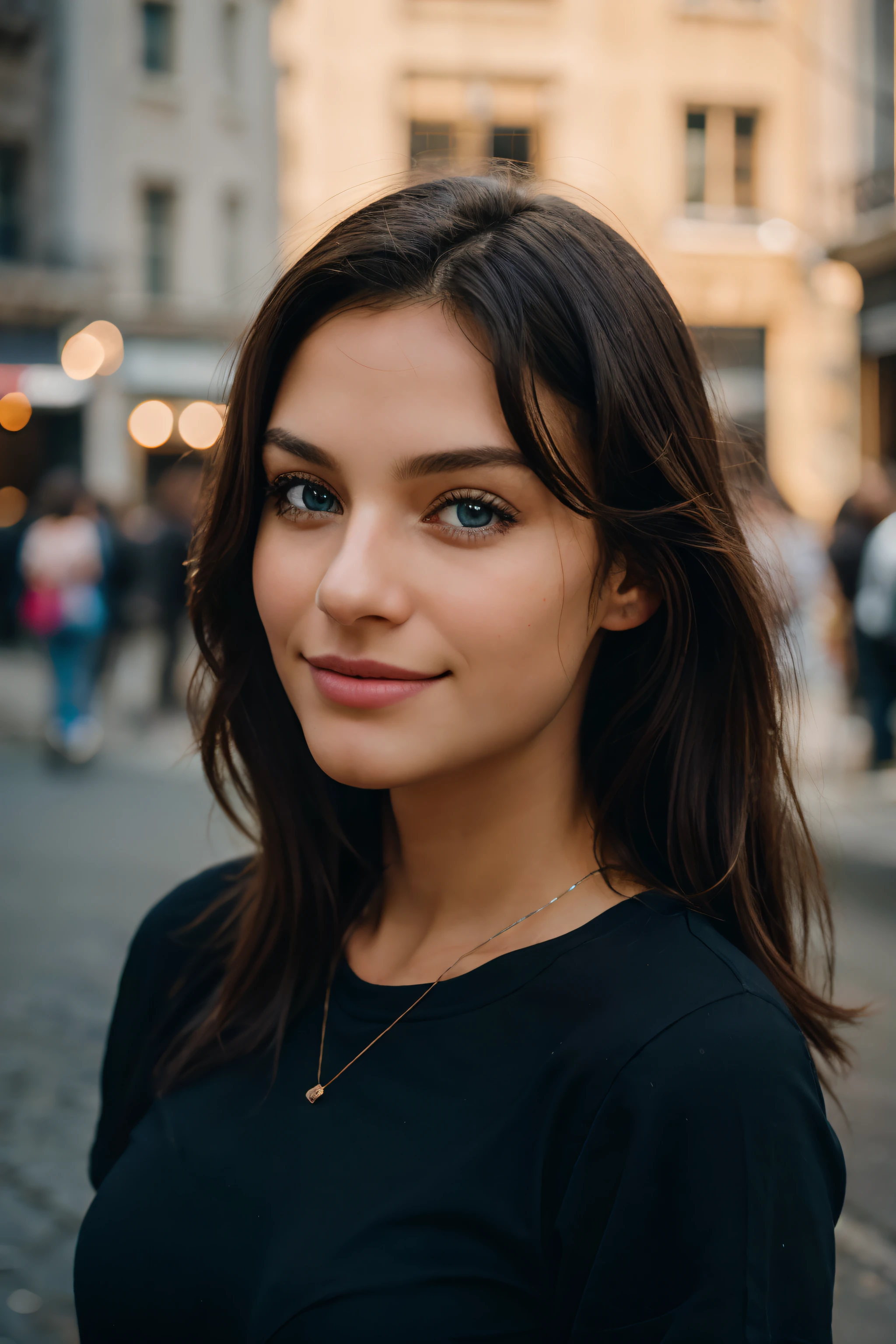 /imagine prompt: 150
cute beautiful brunette wearing a black tshirt and jeans (standing on the street), very detailed, 21 years old, innocent face, natural wave hair, blue eyes, high-res, masterpiece, best quality, intricate details, highly detailed, sharp focus, detailed skin, realistic skin texture, texture, detailed eyes, professional, 4k, charmer smile, shot on Canon, 85mm,shallow depth of field, Kodak vision color, perfect fit body, extremely detailed, photo_\(ultra\), photorealistic, realistic, post-processing, max detail, roughness, real life, ultra realistic, photorealism, photography, 8k uhd, photography (film grain) medium shot to close up shot happy smiling atmospheric dark lighting