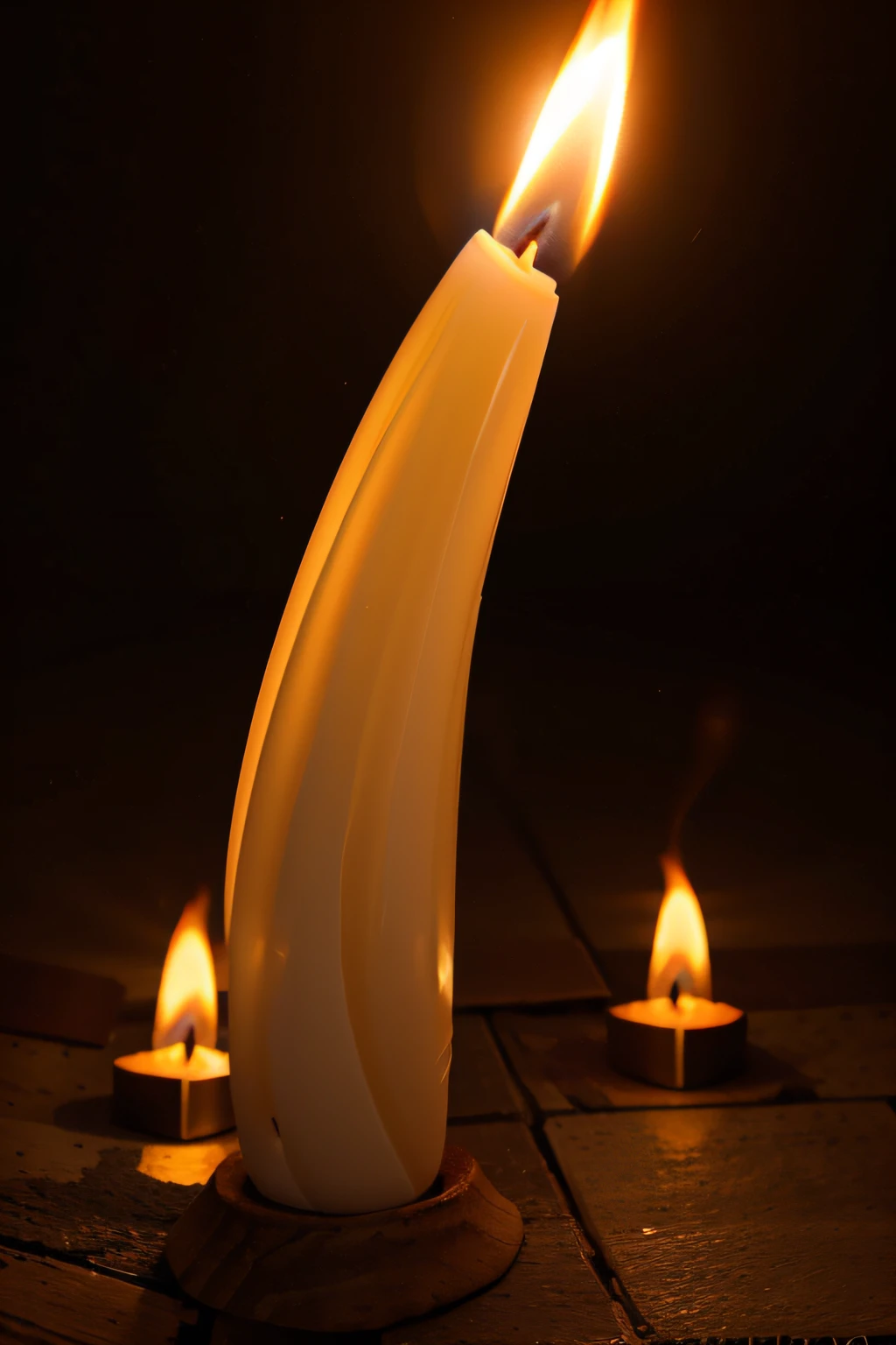 Flamme vacillante : "Create an image of a flickering flame, resembling that of a candle, avec des flammes douces et dansantes. The atmosphere should be warm and mysterious."