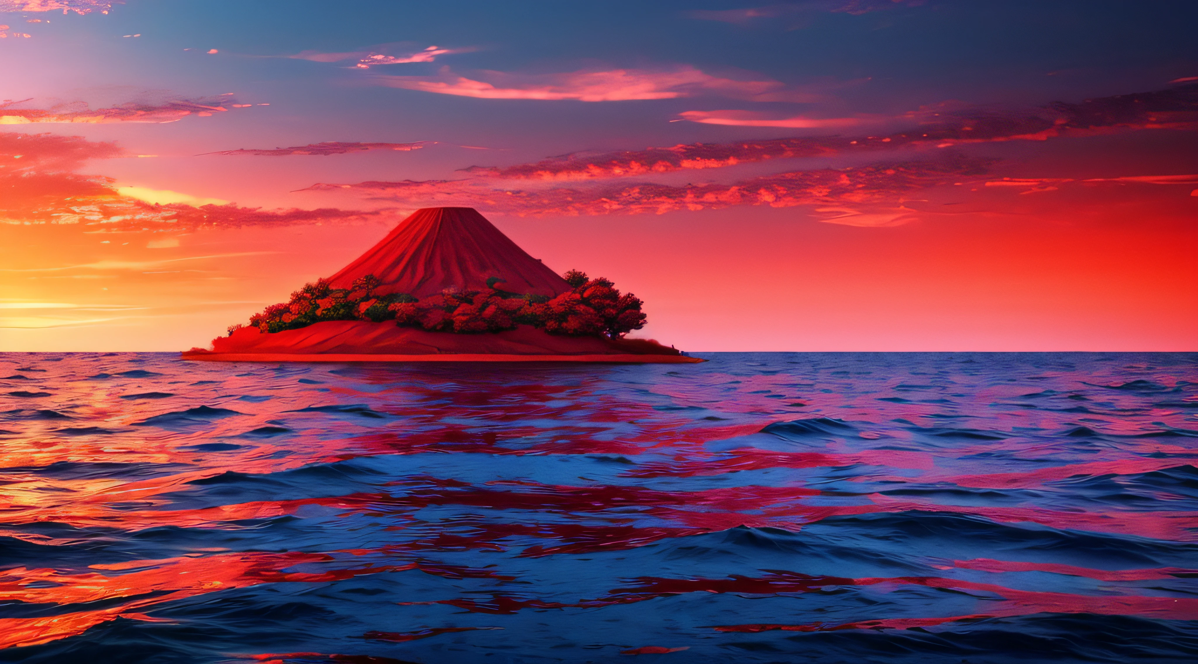 The surface and the island of red water scenery. Sky with clouds. Bloody sunset background with copy space for design. War, apocalypse, armageddon, nightmare, halloween, evil, horror concept