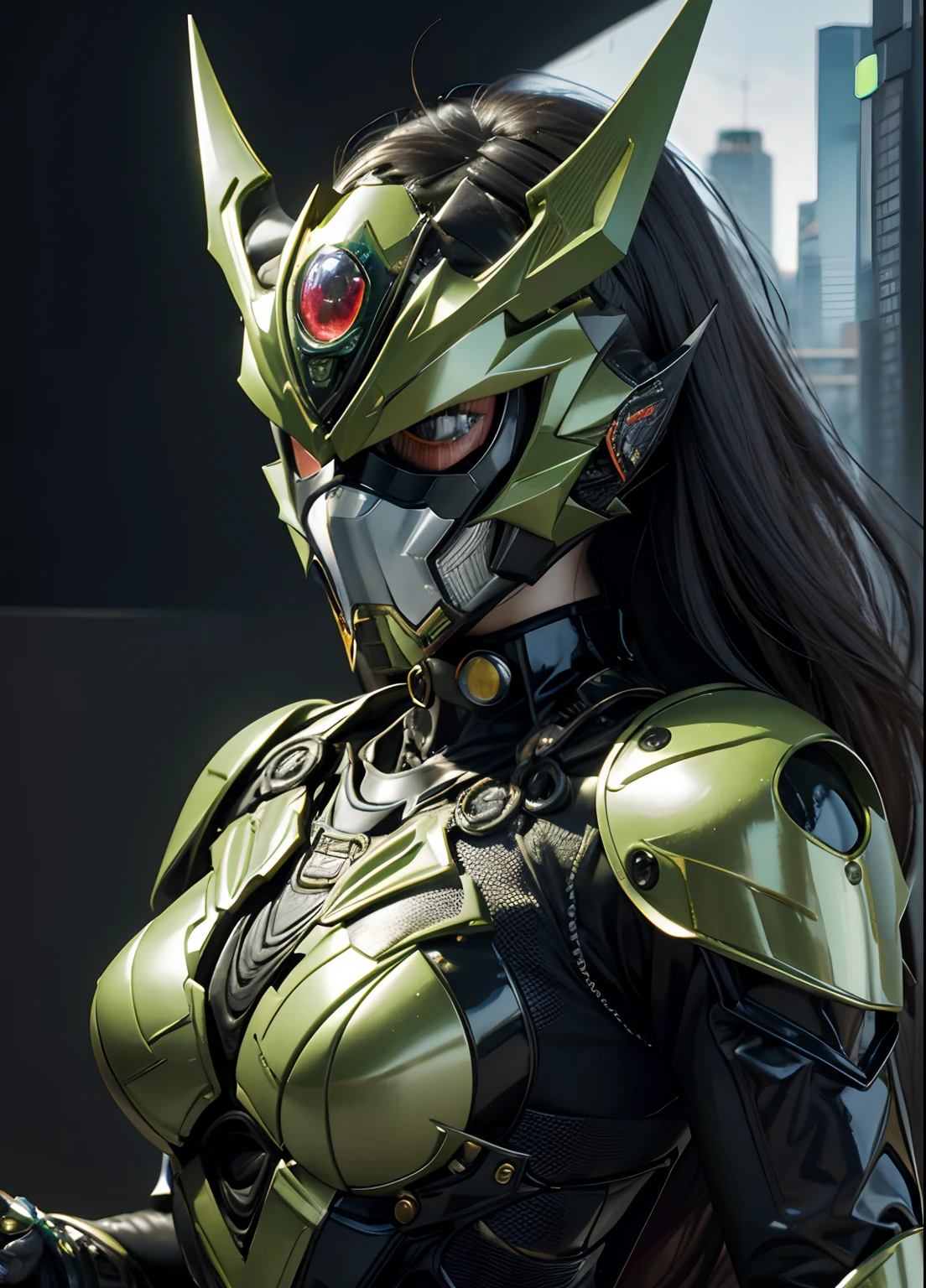 Textured skin, Super Detail, high details, High quality, Best Quality, hight resolution, 1080p, hard disk, Gorgeous beauty,(Kamen Rider),(mask off),(Female Riders),body suit,battle suits,Transformation Belt,Battle Mode,Metal,Transform into Kamen Rider