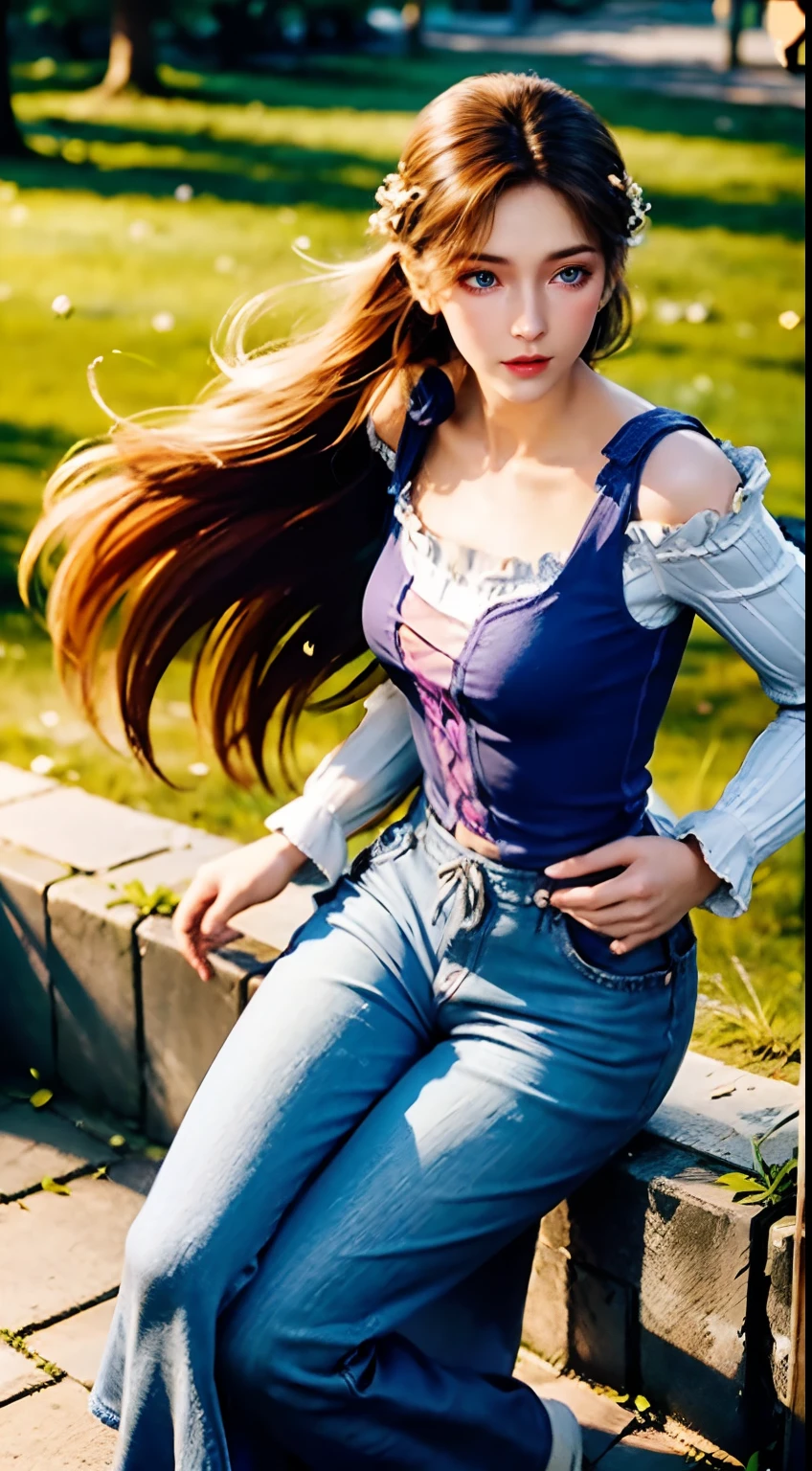 Best quality, masterpiece, super high resolution, (realistic: 1.4), original photo, 1 girl, dark eyes, long hair, light makeup, lips, small ears, white t-shirt, denim shorts, beauty in perfect shape: 1.4, (outdoor, seaside: 1.1), rural countryside, super fine face, full body: 1.9