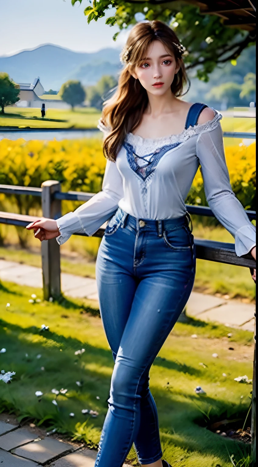 Best quality, masterpiece, super high resolution, (realistic: 1.4), original photo, 1 girl, dark eyes, long hair, light makeup, lips, small ears, white t-shirt, denim shorts, beauty in perfect shape: 1.4, (outdoor, seaside: 1.1), rural countryside, super fine face, full body: 1.9