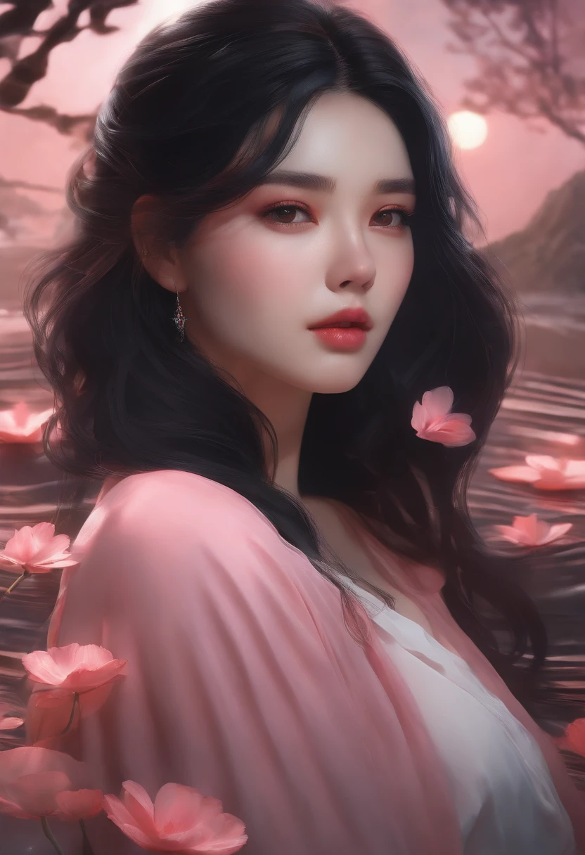 black hair, wavy hair, frown, long eyelashes, solid round eyes, slight smile, pink cheeks, fangs, sexy, water, shading, mix Atmospheric scenes, super detailed, precise, Surrealism, cubism, tachi-e, pov, 8k, best quality