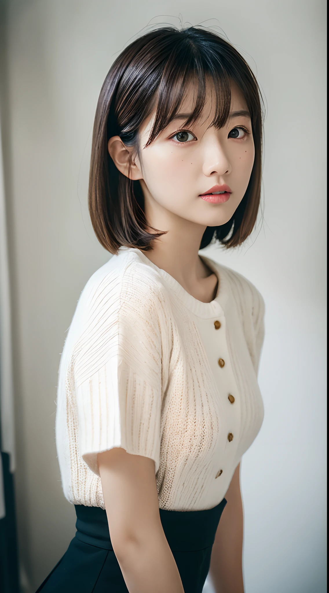 HDR, UHD,64K, nokiapretty, color white sweather, black background, short hair, redhair, from behind