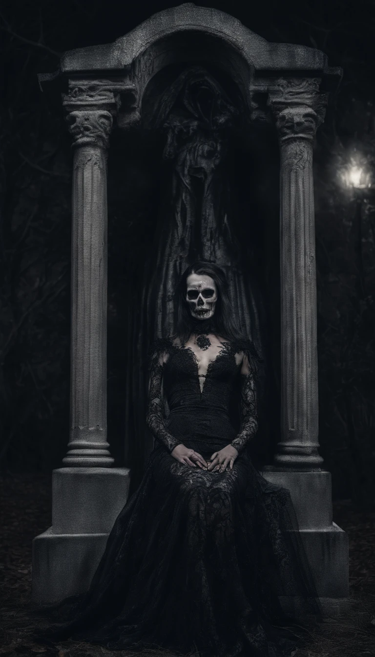 (beautiful female model:1.5), sitting in front of a old style tombstone at night with a wraith behind the tombstone, high detail, best quality, masterpiece, finely detail, realistic skin texture, 85 mm art lens, f 1.2, sharp focus, 8 k high definition, insanely detailed, intricate,