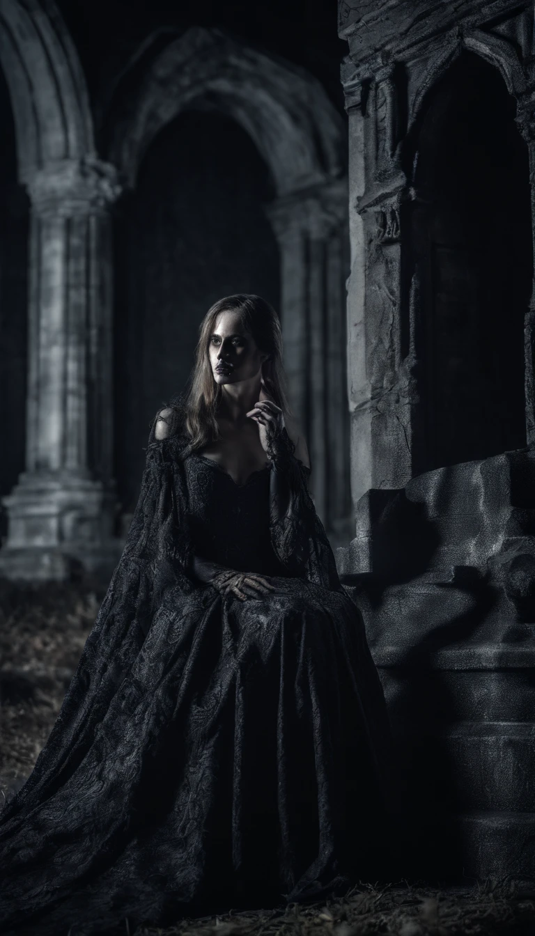 (beautiful female model:1.5), sitting in front of a old style tombstone at night with a wraith behind the tombstone,  high detail, best quality, masterpiece, finely detail, realistic skin texture, 85 mm art lens, f 1.2, sharp focus, 8 k high definition, insanely detailed, intricate,