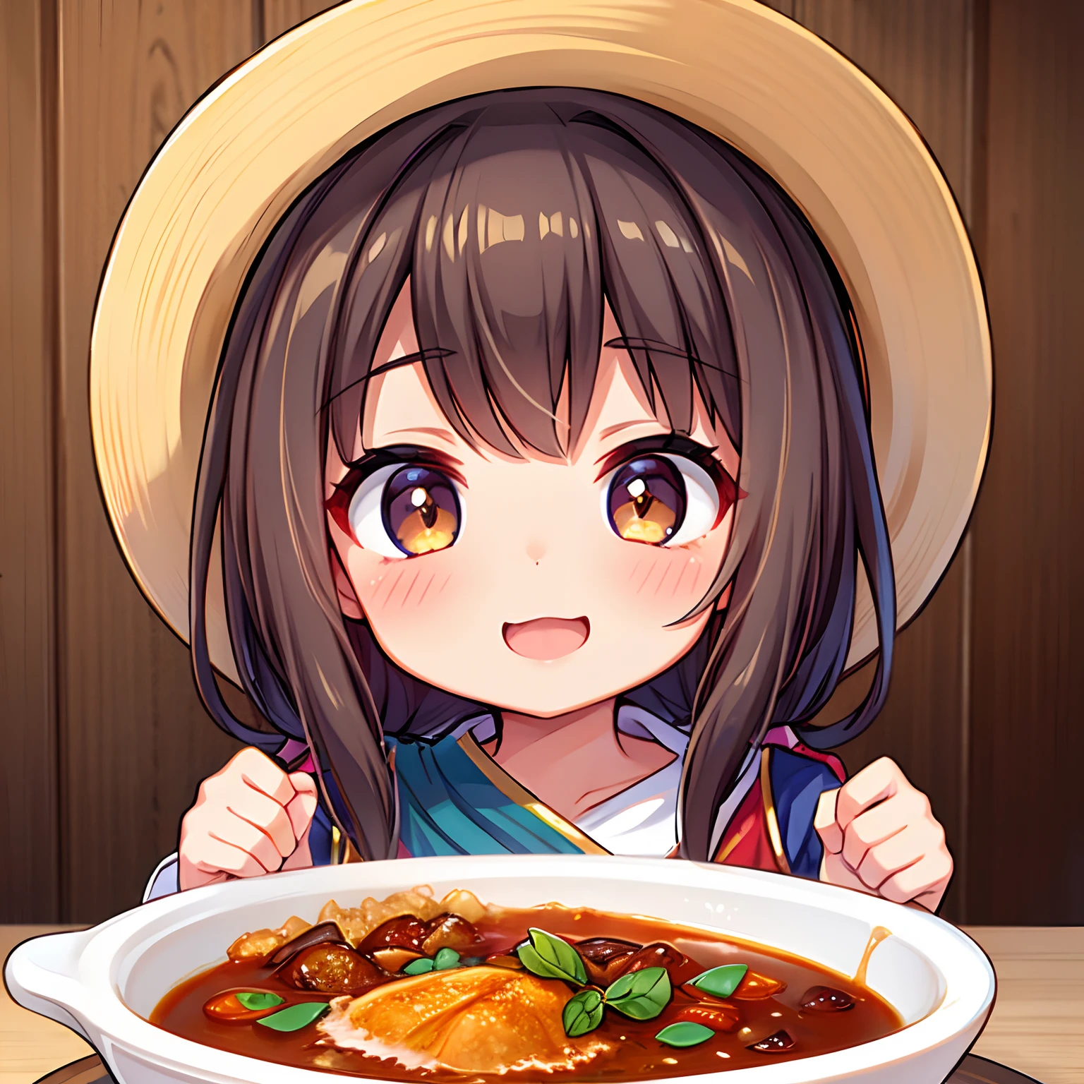 Girl eating curry rice、happily face、Indian clothes and hats、Brown skin、tmasterpiece、top-quality、Top image quality