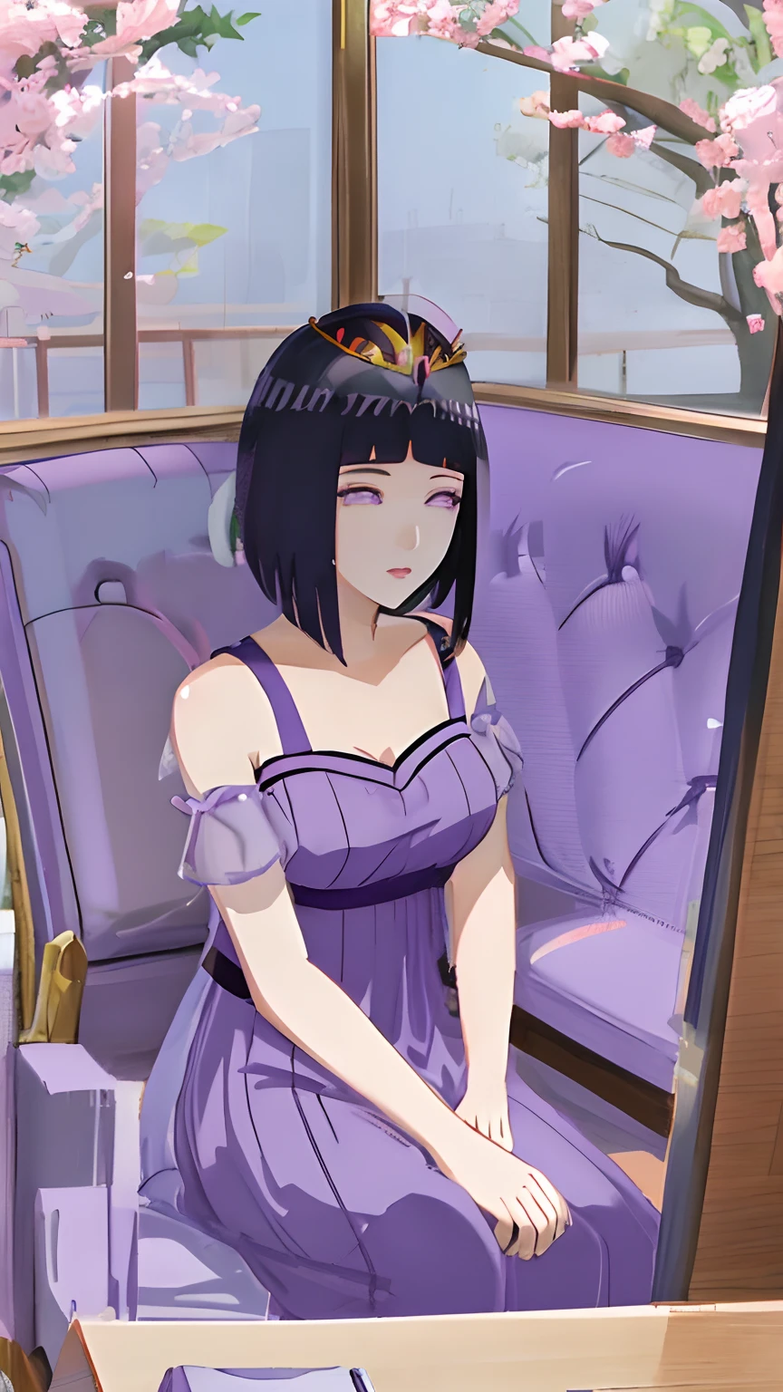 there is a drawing of a woman in a purple dress sitting on a purple chair, hinata hyuga, ((a beautiful fantasy empress)), anime princess, in an anime style, cel - shaded art style, lovely queen, a beautiful fantasy empress