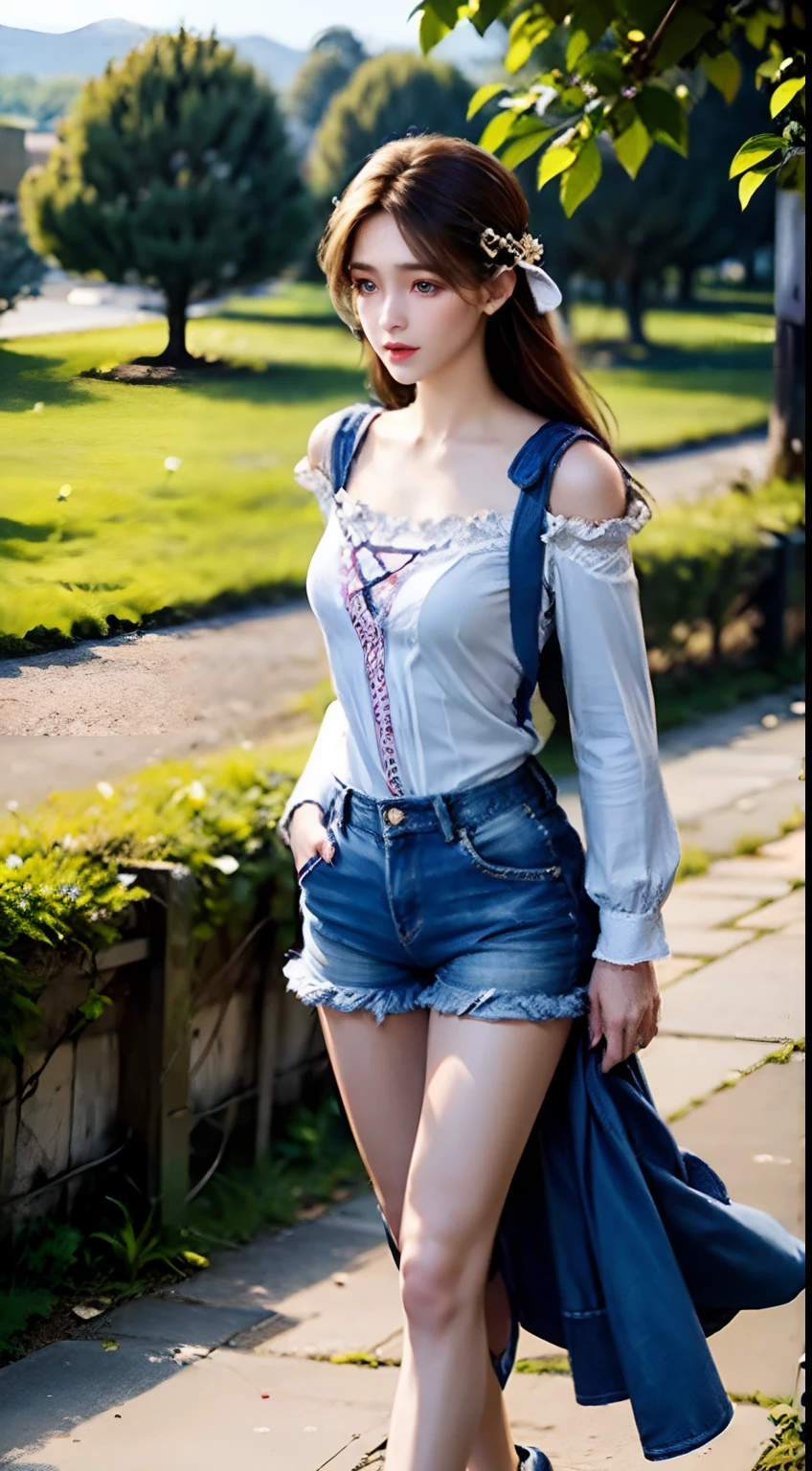 Best quality, masterpiece, super high resolution, (realistic: 1.4), original photo, 1 girl, dark eyes, long hair, light makeup, lips, small ears, white t-shirt, denim shorts, beauty in perfect shape: 1.4, (outdoor, seaside: 1.1), rural countryside, super fine face, full body: 1.9