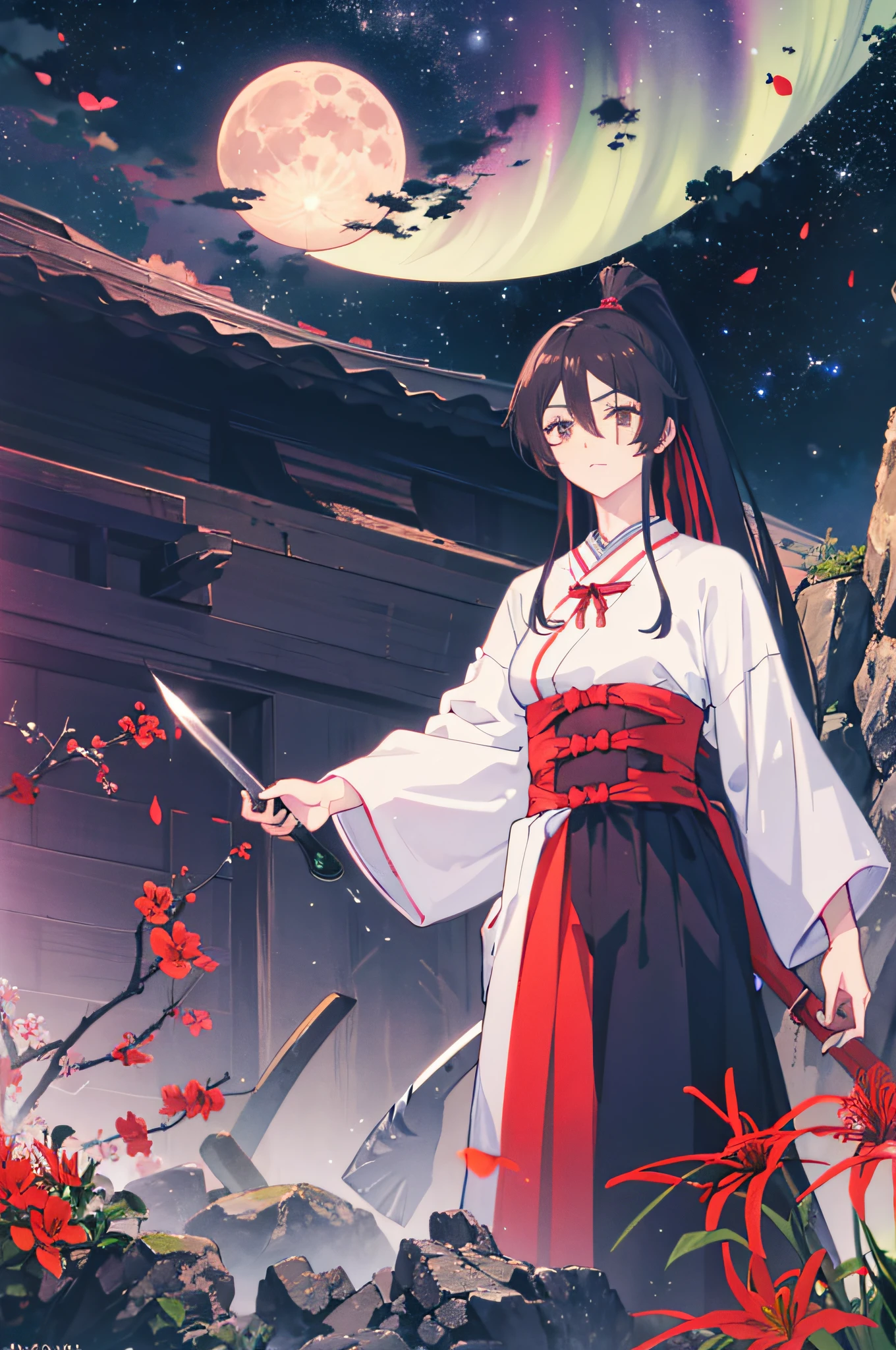 Sagiri Jigokuraku, sagirin, brown hair, black hair, glowing hair, ponytail, hair ribbon, hair between eyes, 1girl, solo, forest, purple moon, dark purple sky, Fantastic lights, aurora, moonlit night, night, multiple flowers,  pink flowers, sword in hand, flyingpetals of red spider lily in air,   red flowers, yellow flowers, lake, water, river, rocks, moon, purple moon, lighting, perfect lighting, moonlight, trees background, beautiful sky, stars, clouds, clear sky with clouds, nebula, high resolution, 8K, asaemon_sagiri, asaemon_sagiri,