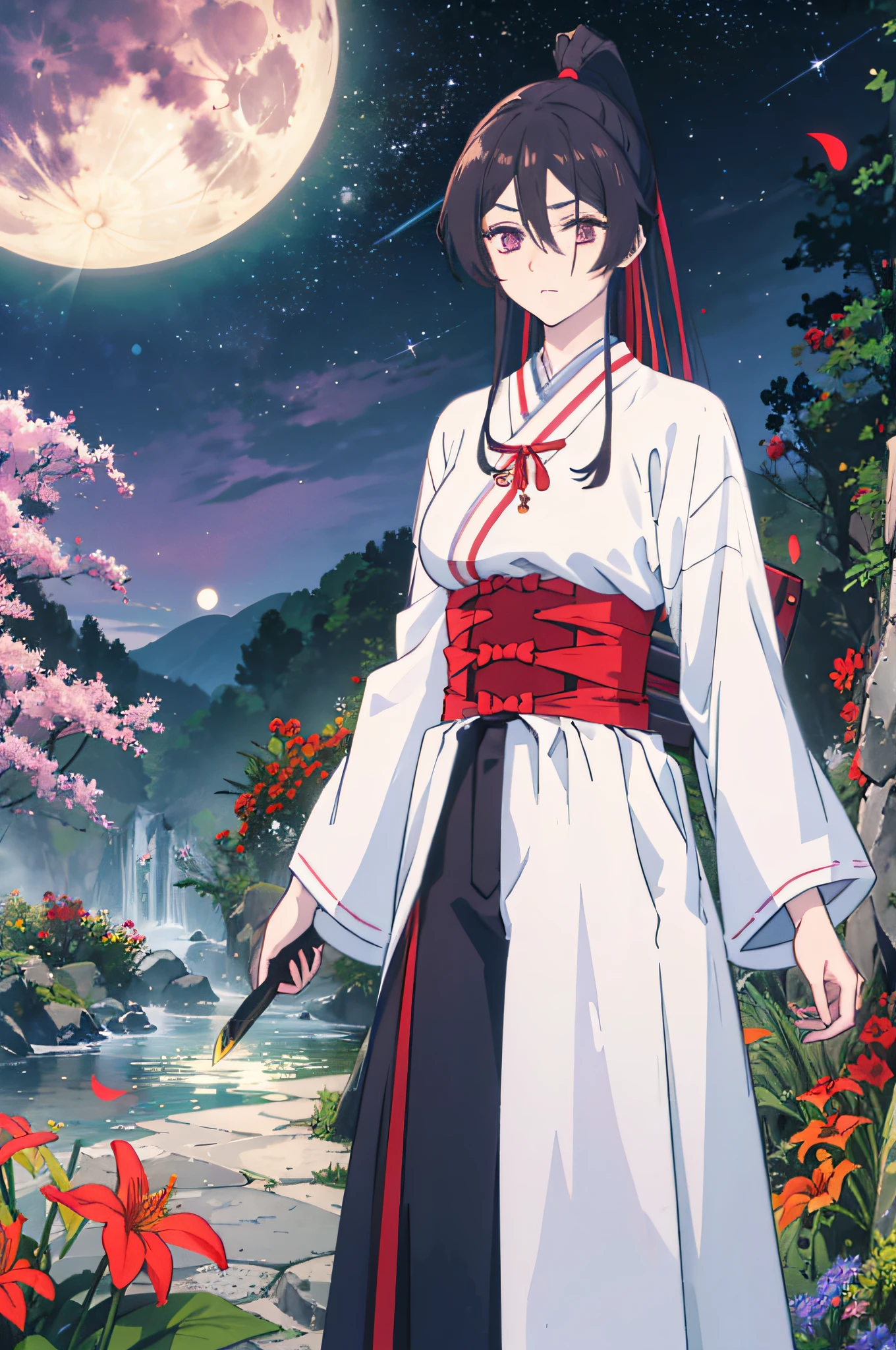 Sagiri Jigokuraku, sagirin, brown hair, black hair, glowing hair, ponytail, hair ribbon, hair between eyes, 1girl, solo, forest, purple moon, dark purple sky, Fantastic lights, aurora, moonlit night, night, multiple flowers,  pink flowers, sword in hand, flyingpetals of red spider lily in air,   red flowers, yellow flowers, lake, water, river, rocks, moon, purple moon, lighting, perfect lighting, moonlight, trees background, beautiful sky, stars, clouds, clear sky with clouds, nebula, high resolution, 8K, asaemon_sagiri, asaemon_sagiri,