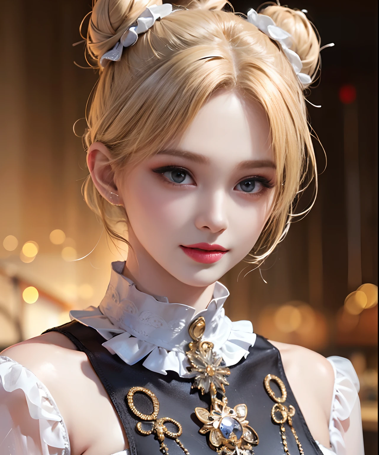 masterpiece, best quality, 8k, beautiful face, high detailed skin,hyper detailed,ultra high res, photorealistic, high resolution, ,lens flare, (Top knot bun:1.5),(same makeup for both eyes:1.5),perfect face,ralistic eyes, detailed lighting, detailed eyes,detailed skin, detailed shadows,ralistic skin,(opened mouth:1.02), (closed eyes:0.9),no make-up,,looking_at_viewer,upper body