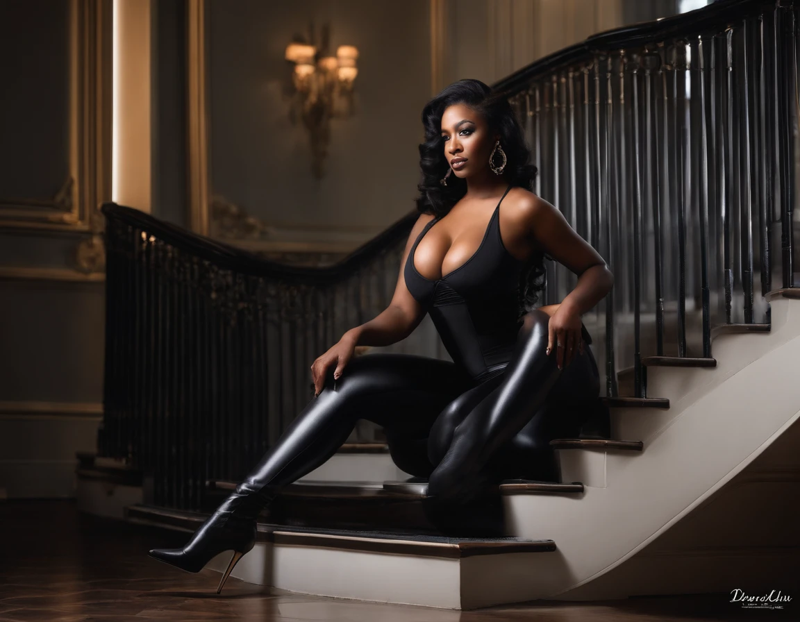 There is a slender afro woman with big breasts and long black straight hair, die mit hochgelegten Beinen auf einer Treppe sitzt, black Latex leggins, enges Korset, Perfekt ausbalanciert, breathtaking beauty, Upper and lower body, sieht realistisch aus, High heels