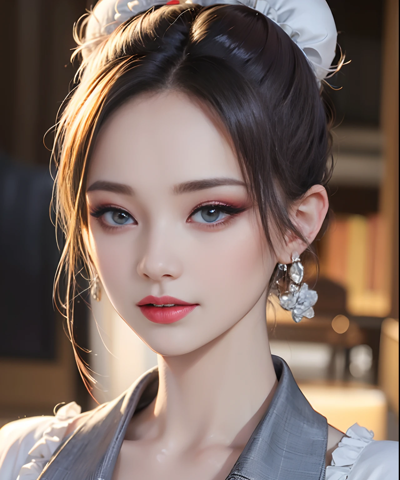 masterpiece, best quality, 8k, beautiful face, high detailed skin,hyper detailed,ultra high res, photorealistic, high resolution, ,lens flare, (Top knot bun:1.5),(same makeup for both eyes:1.5),perfect face,ralistic eyes, detailed lighting, detailed eyes,detailed skin, detailed shadows,ralistic skin,(opened mouth:1.02), (closed eyes:0.9),no make-up,,looking_at_viewer,upper body