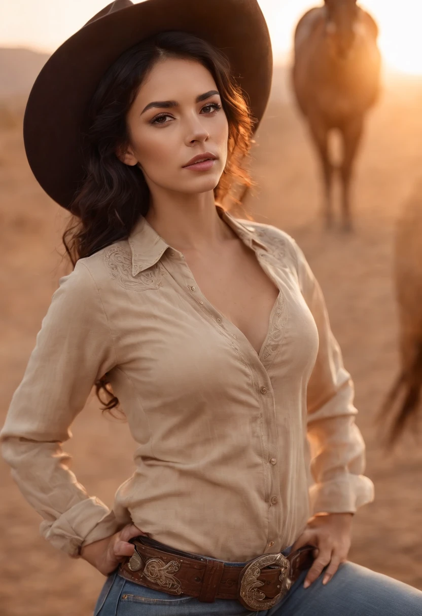 fair complexion ,beautiful latina woman , natural short curly black hair, brown eyes, vanqura , slender and graceful, beautiful, desert, ultra sharp focus, realistic shot, thick waist, big breast, body tattoos, cowgirl, nose piercings, earrings, high quality, HD, lip piercing, nsfw, cowboy hat, face piercings, full body, cowboy boots, cowgirl shirt, barn, horse, looking at the sunset concept art by Doug Chiang cinematic, realistic
painting, high definition, concept art, portait image, path tracing,
serene landscape, high quality, highly detailed, 8K, soft colors, warm
colors, turbulent sea, high coherence, anatomically correct,
hyperrealistic, concept art, defined face, five fingers, symmetrical