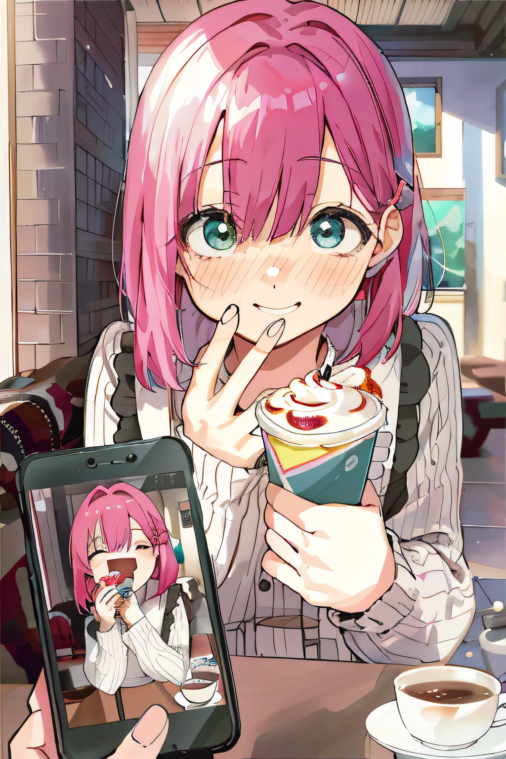 Anime girl with pink hair holding a coffee cup and a cell phone, Anime visual de una chica linda, Retrato realista kawaii, Comida anime, en un estilo anime, en estilo anime, con cabello rosado, comer pasteles, ; Novela visual, digital anime illustration, Mikudayao, Pixiv, inspirado en Yanagawa Nobusada, Estilo de arte anime, linda chica de anime