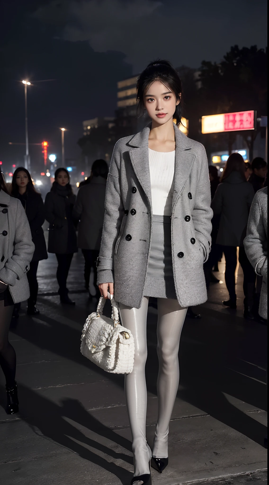 (shoulder length straight short black hair: 1.3), （Extremely meticulous CG 8k wallpaper),16k,(Extremely refined and beautiful），（Masterpiece），（best qualtiy：1.0），（Ultra High Resolution：1.0），beautiful light up，Perfect lightning，realistic shaded，[A high resolution],(Smooth and flawless fair skin:1.5),(shiny skin:1.5),Extremely exquisite facial details,(perfect body：1.1),ultra - detailed,A beautiful girl,small head,(short ponytail:1.2),(Small breasts:1.1),Flat chests，slim，thin，Smile，cheerfulness,(maxi light grey woolen coat:1.5),(black pantyhose:1.4),(high heels:1.3),slender legs,(nightfall:1.5),Sunset light,(Surrounded by a crowded crowd:1.5),At the school gate,standing,full body,close shot,from front