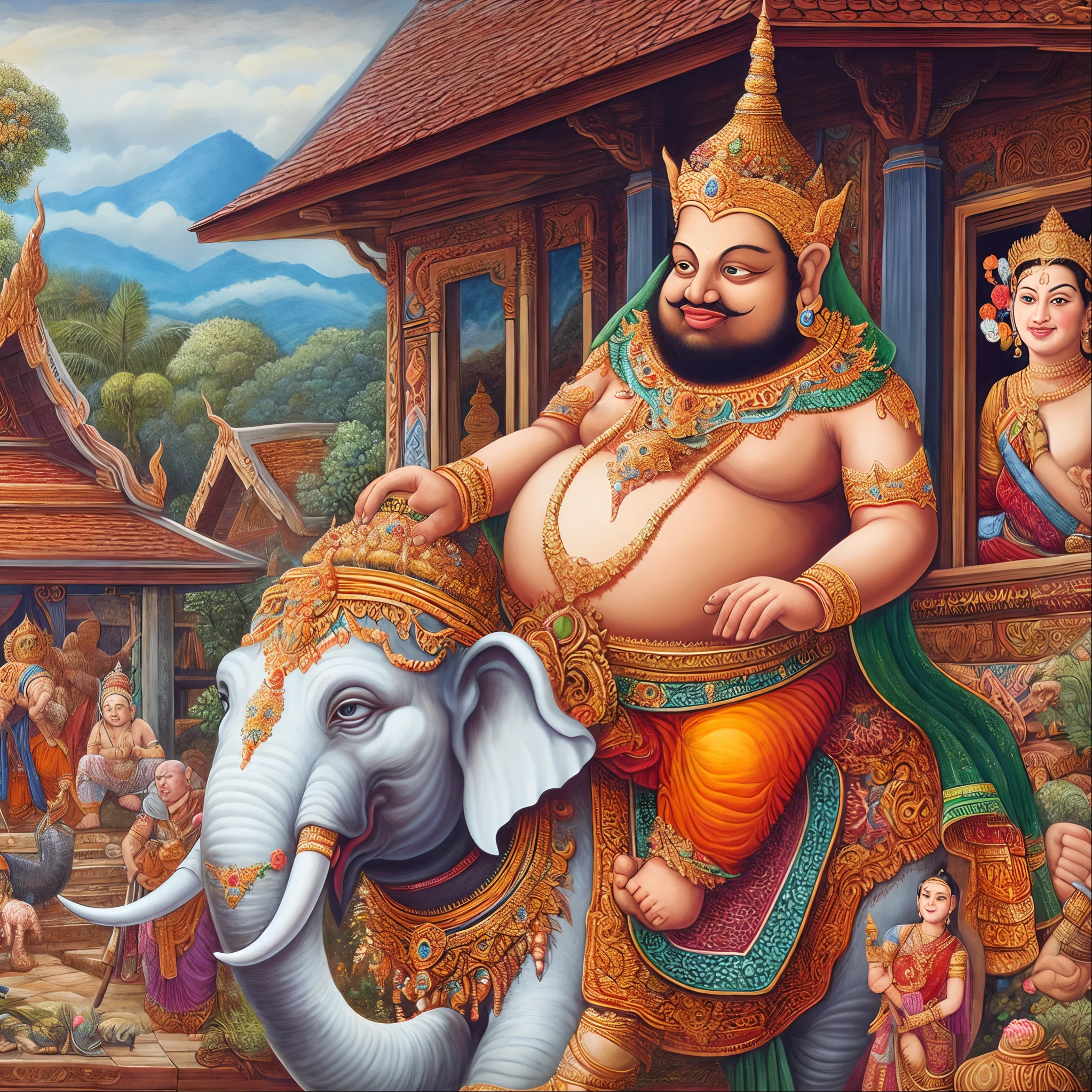 painting of a man riding an elephant with a large smile, an enormous elephant king, thailand art, an elephant king, god of wealth, inspired by Ram Chandra Shukla, from ramayan, todd schorr highly detailed, narasimha, ganapati, temple background, hindu god, hindu art, trending ，, hindu gods, sharandula, inspired by Pu Hua