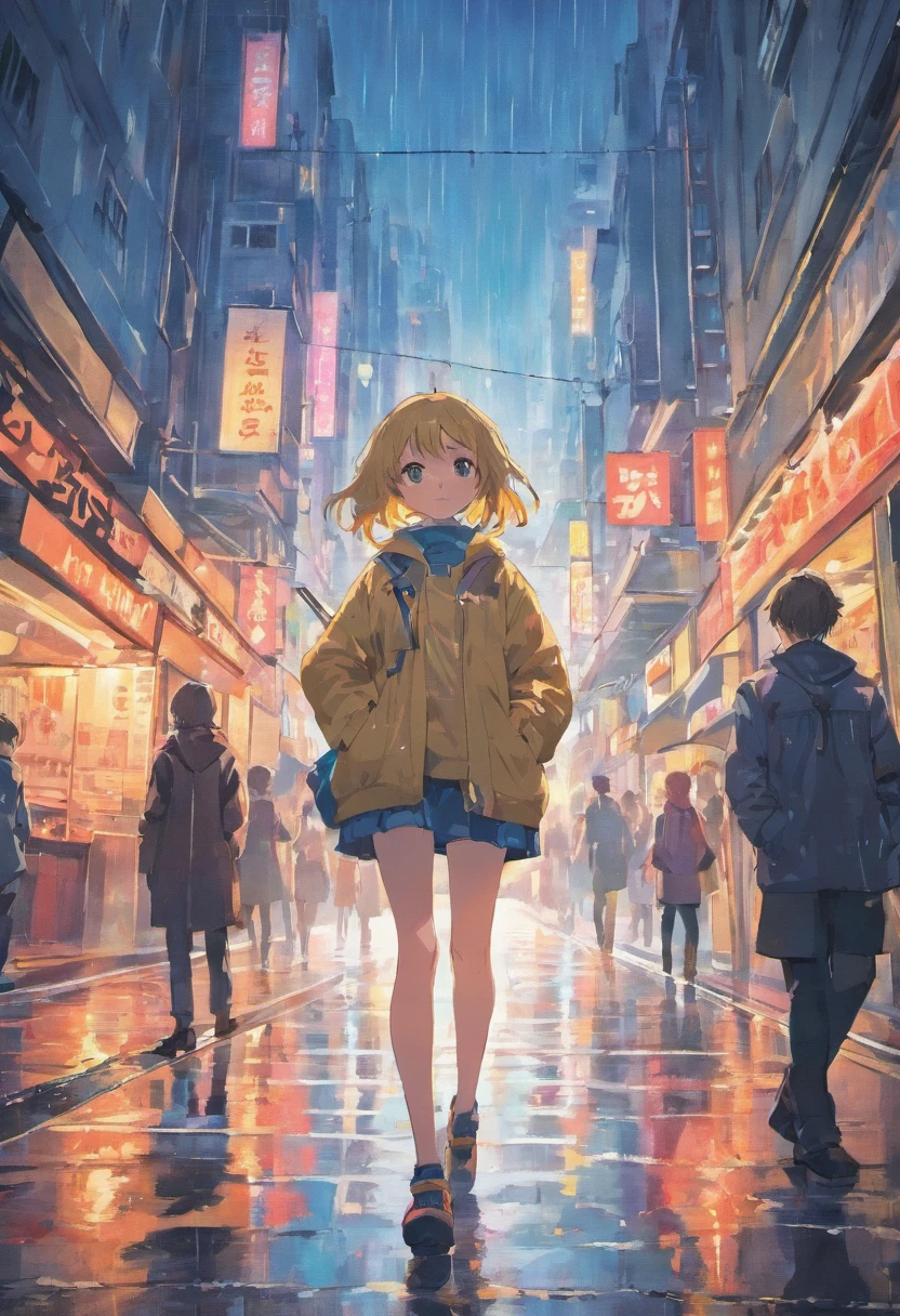 A modern city on a rainy day，People come and go with umbrellas，Street lights are bright，Heavy traffic