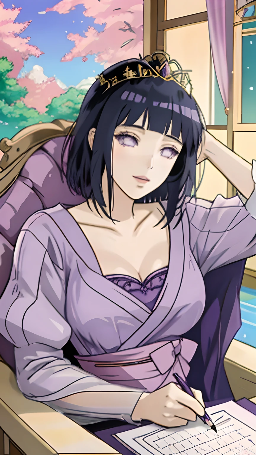 there is a drawing of a woman in a purple dress sitting on a purple chair, hinata hyuga, ((a beautiful fantasy empress)), anime princess, in an anime style, cel - shaded art style, lovely queen, a beautiful fantasy empress