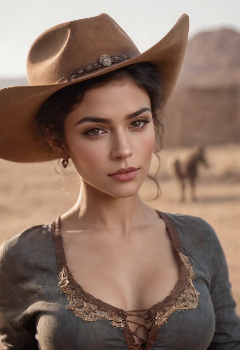 fair complexion ,beautiful latina woman , natural short curly black hair, brown eyes, vanqura , slender and graceful, beautiful, desert, ultra sharp focus, realistic shot, thick waist, big breast, body tattoos, cowgirl, nose piercings, earrings, high quality, HD, lip piercing, nsfw, cowboy hat, face piercings, full body, cowboy boots, cowgirl shirt, barn, horse,  high quality, highly detailed, 8K, soft colors, warm
colors, turbulent sea, high coherence, anatomically correct,
hyperrealistic, concept art