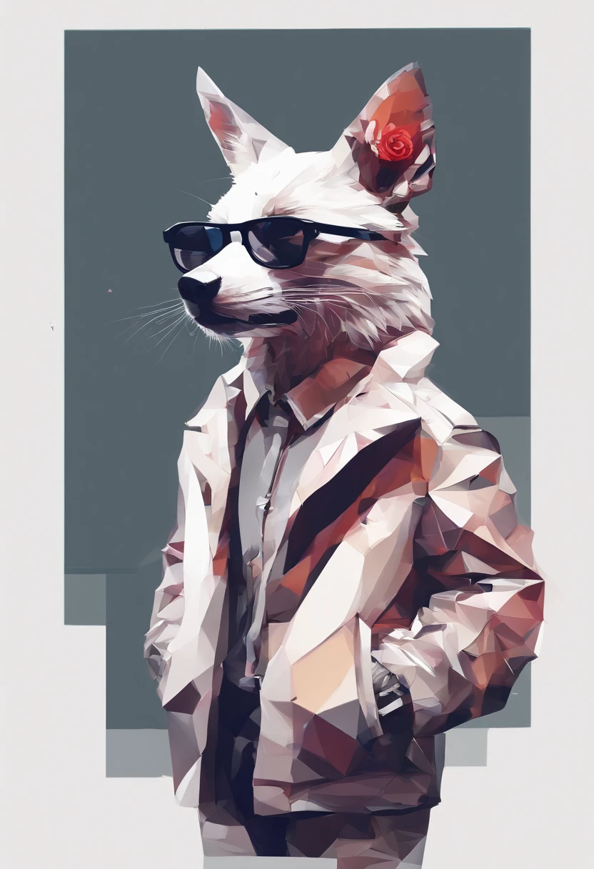 Perfect alignment, Cute little animal in jacket,Crystal Vase,Rose flower, Wearing sunglasses, cheerfulness, Standing position, Abstract beauty, Centered, Looking at the camera, Facing the camera, Approaching perfection, Dynamic, Highly detailed, Smooth, Sharp Focus, 8K, hight resolution, Illustration, art by carne griffiths and wadim kashin, White background