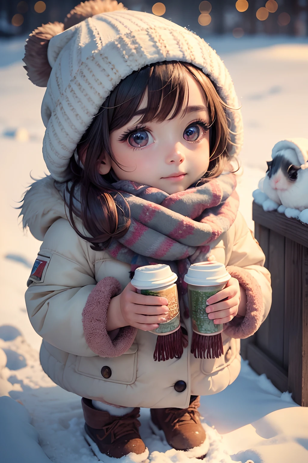 (Best quality,A high resolution,Masterpiece:1.2),Ultra-detailed,clay,closeup cleavage,Little cute guinea pig,Coat,Scarves and hats,Standing in the snow,Fluffy fur,Sparkling eyes,Soft lighting