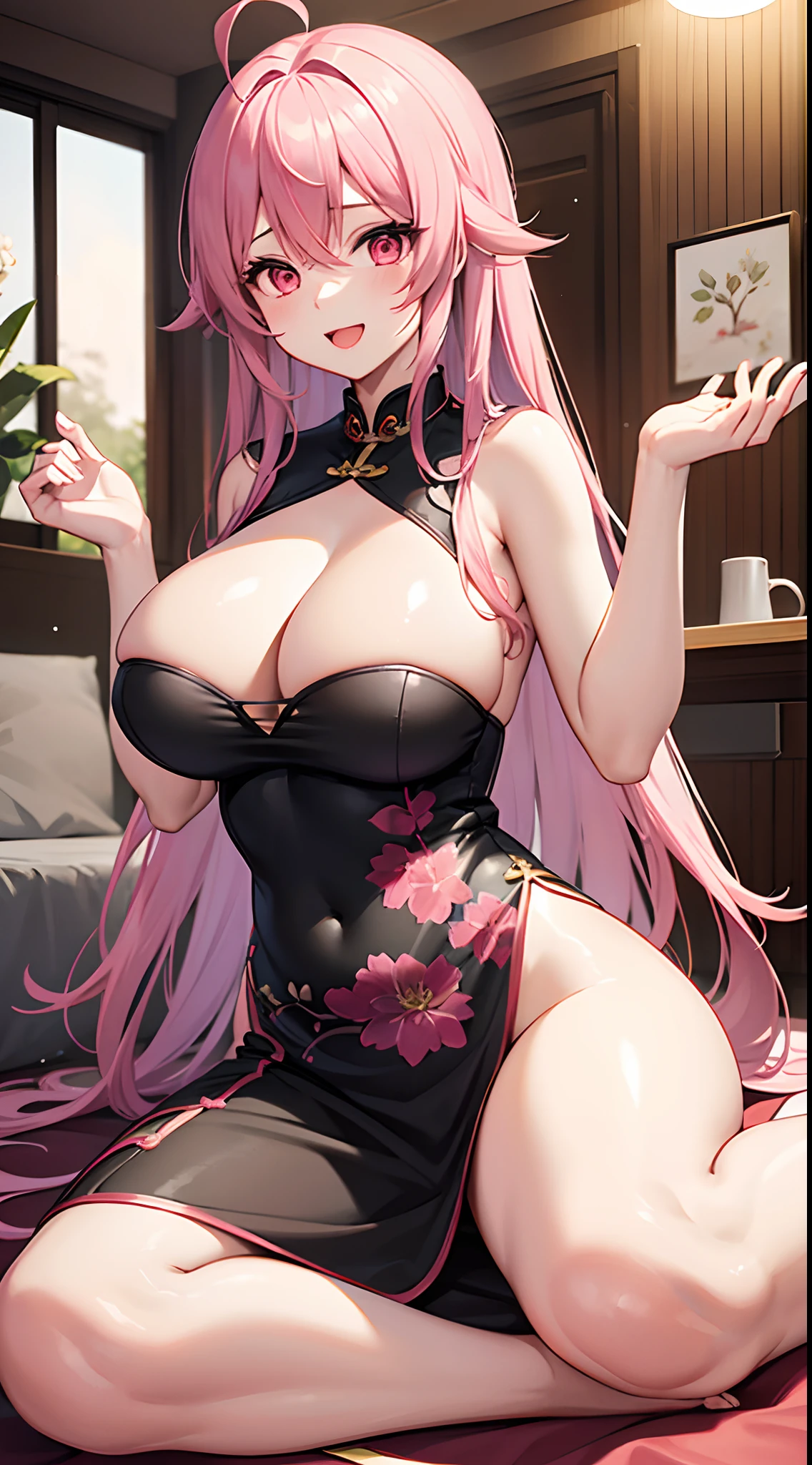 1 girl, game CG, topless black cheongsam, cleavage visible, short cheongsam, gigantic breasts, pink hair, long hair, straight hair, ahoge, pink eyes, smile, open mouth, raise one hand, sit, indoors, dynamic,