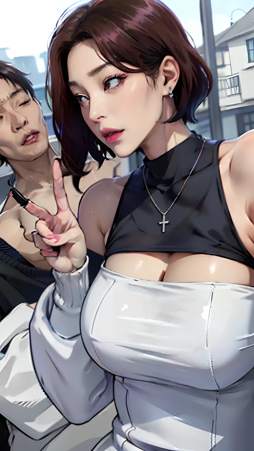 (masutepiece,: 1.2, Best Quality),(1 Lady, Solo, Upper body: 1.2) Short Hair Blue Dark Hair Color, Off-shoulder long sweater、Distinct double eyelids、Shoulder-length hair and makeup: natural, Glowing skin, Very huge breasts, Open your eyes、A MILF、(Sweat,steam,Lower grade),Opening Mouth、Small necklace、large earring、Wet and shiny pink lipstick、makeup、、Bikumbikun、From Side, naked man ,,Side ,Side ,Yor,
