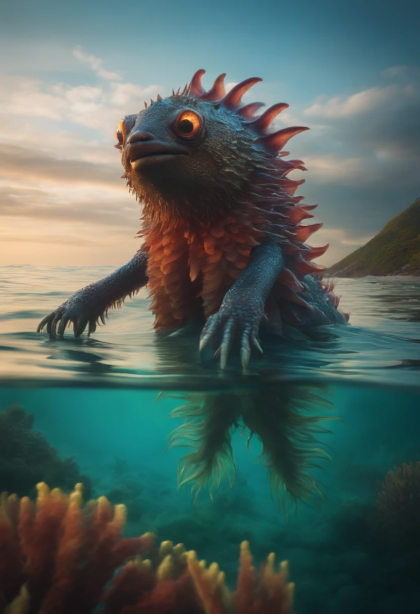 A Kelpy small monster standing at clear ocean