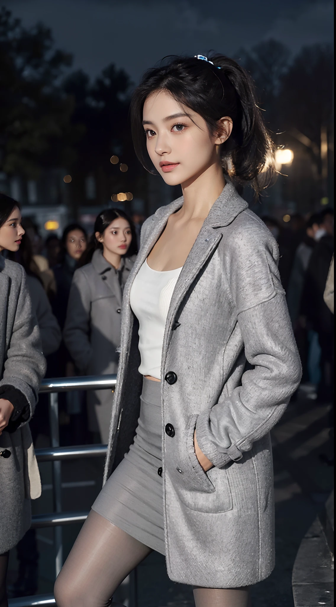 (shoulder length straight short black hair: 1.3), （Extremely meticulous CG 8k wallpaper),16k,(Extremely refined and beautiful），（Masterpiece），（best qualtiy：1.0），（Ultra High Resolution：1.0），beautiful light up，Perfect lightning，realistic shaded，[A high resolution],(Smooth and flawless fair skin:1.5),(shiny skin:1.5),Extremely exquisite facial details,(perfect body：1.1),ultra - detailed,A beautiful girl,small head,(short ponytail:1.2),(Small breasts:1.1),Flat chests，slim，thin，Smile，cheerfulness,(maxi light grey woolen coat:1.5),(black pantyhose:1.4),(high heels:1.3),slender legs,(nightfall:1.5),Sunset light,(Surrounded by a crowded crowd:1.5),At the school gate,standing,upper body,close shot,from front,cowboy shot