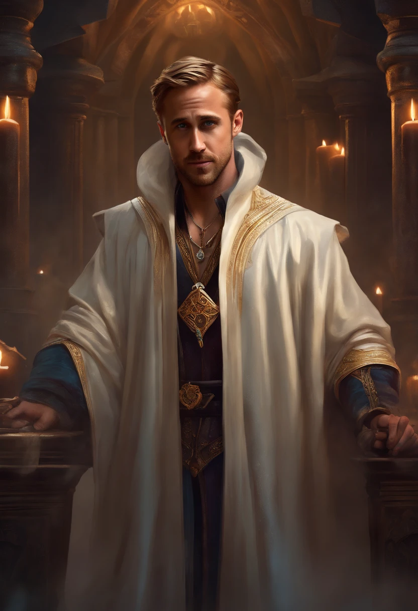 Ryan Gosling in wizard robes, cryomancer, D&D art, fantasy art, by Seb McKinnon, detailed, trending on ArtStation, Magic: The Gathering