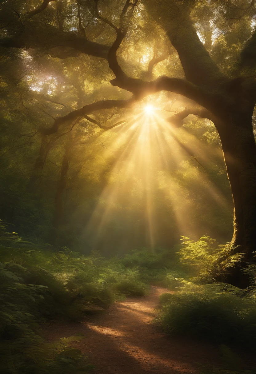 Create an impressive digital work of art, capturing the serene beauty of an ancient forest at dusk. There should be tall trees on the stage, bathing in the soft, Golden light, seeping through the foliage, casting gentle shadows on the lush undergrowth. The image should evoke a sense of calm and wonder, inviting viewers to immerse themselves in the enchanting kingdom of nature.