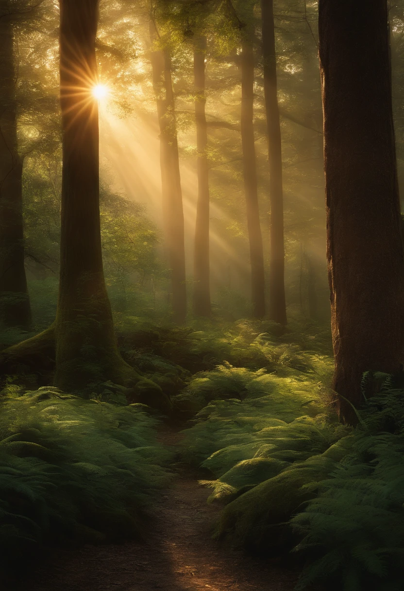 Create an impressive digital work of art, capturing the serene beauty of an ancient forest at dusk. There should be tall trees on the stage, bathing in the soft, Golden light, seeping through the foliage, casting gentle shadows on the lush undergrowth. The image should evoke a sense of calm and wonder, inviting viewers to immerse themselves in the enchanting kingdom of nature.