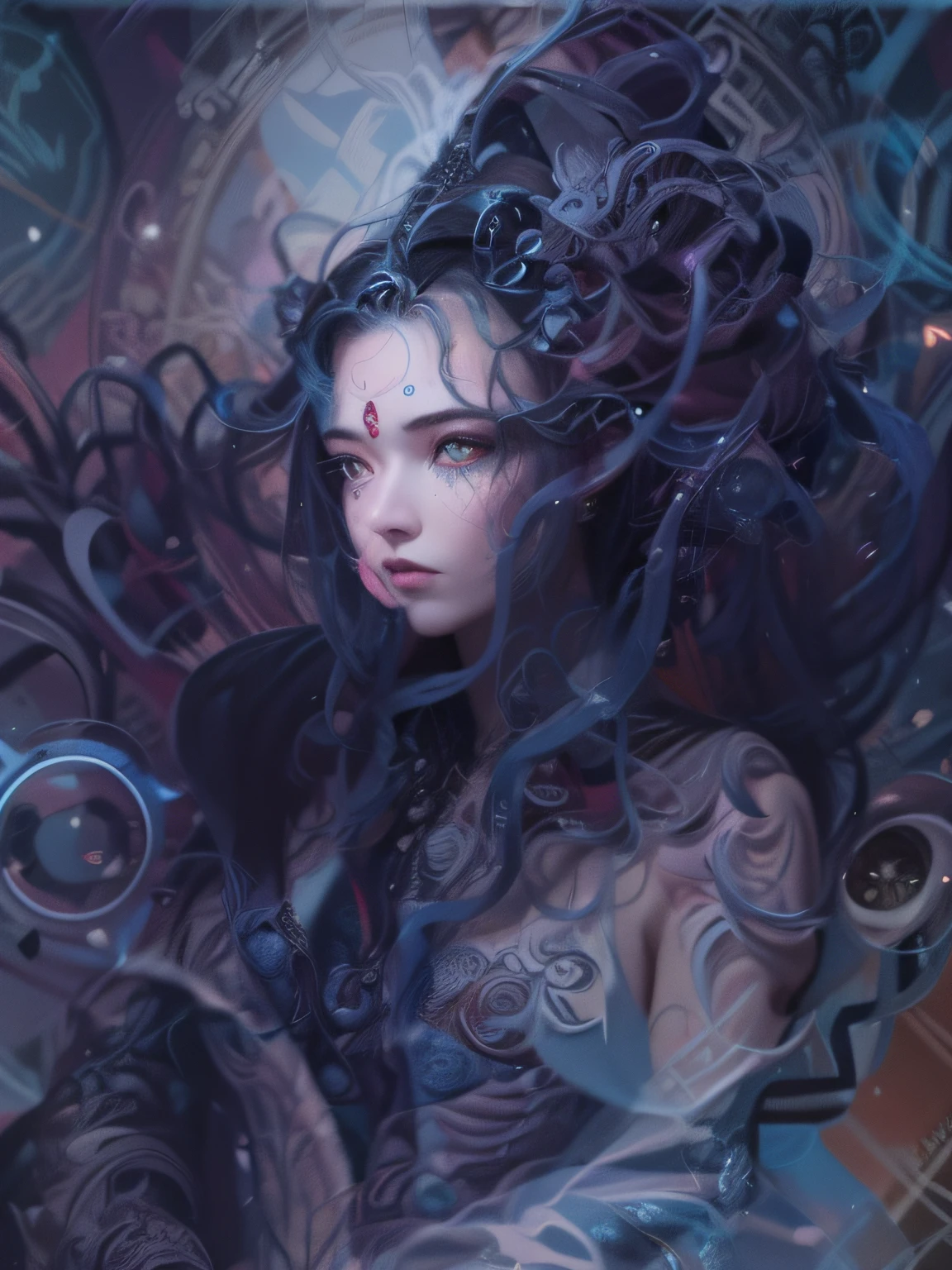 (melhor qualidade,Ultra - Detalhado,best illustration,Melhor sombra,tmasterpiece,A high resolution,ProfissionalArtwork,obras de arte famosas),Olhos detalhados,Olhos belos,clivagem em close-up,scientific fiction,esclera colorida,robot eyes,marcas faciais,Tatuado com,(fractalizado,olhos fractais),olhos grandes,olhos arregalados,(foco ocular),Foco Sface,Cosmic eyes,Olhos espaciais,Close-up da escultura de metal de uma mulher com uma lua em seu cabelo,deusas。Detalhe extremamente alto,Retrato da deusa 3D,Imagens extremamente detalhadas da deusa,Um retrato impressionante de uma deusa,Retrato lateral da deusa,Retrato de uma bela deusa,Retrato em close-up de corpo inteiro da deusa,hecate goddess,portrait of a norse moon goddess,goddess of space and time, cabelo vermelho, cabelo ruivo, cabelo cacheado, cabelo com cachos, cabelo ondulado, cabelo longo avermelhado, olhos castanhos, cabelo vermelho, cabelo vermelho