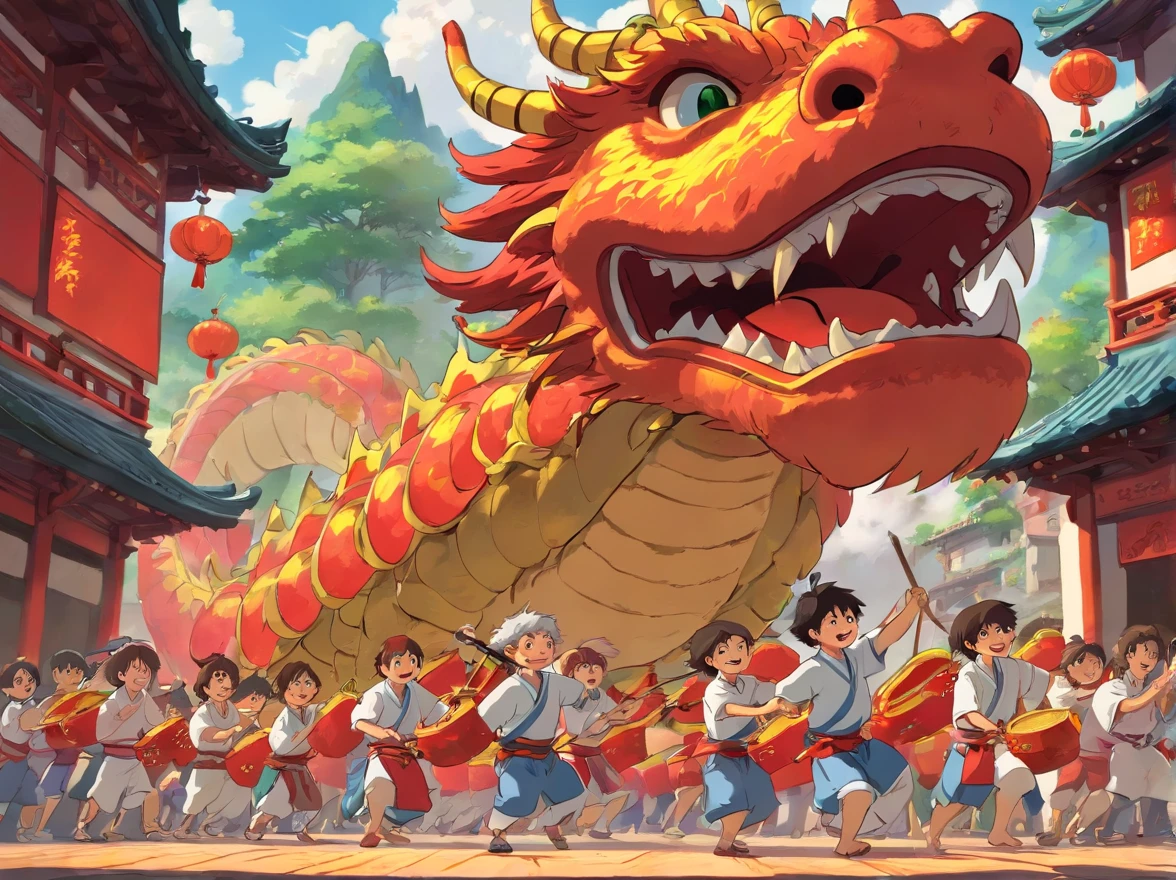 A scene where Xingxing and his friends practice dragon dance and drumming