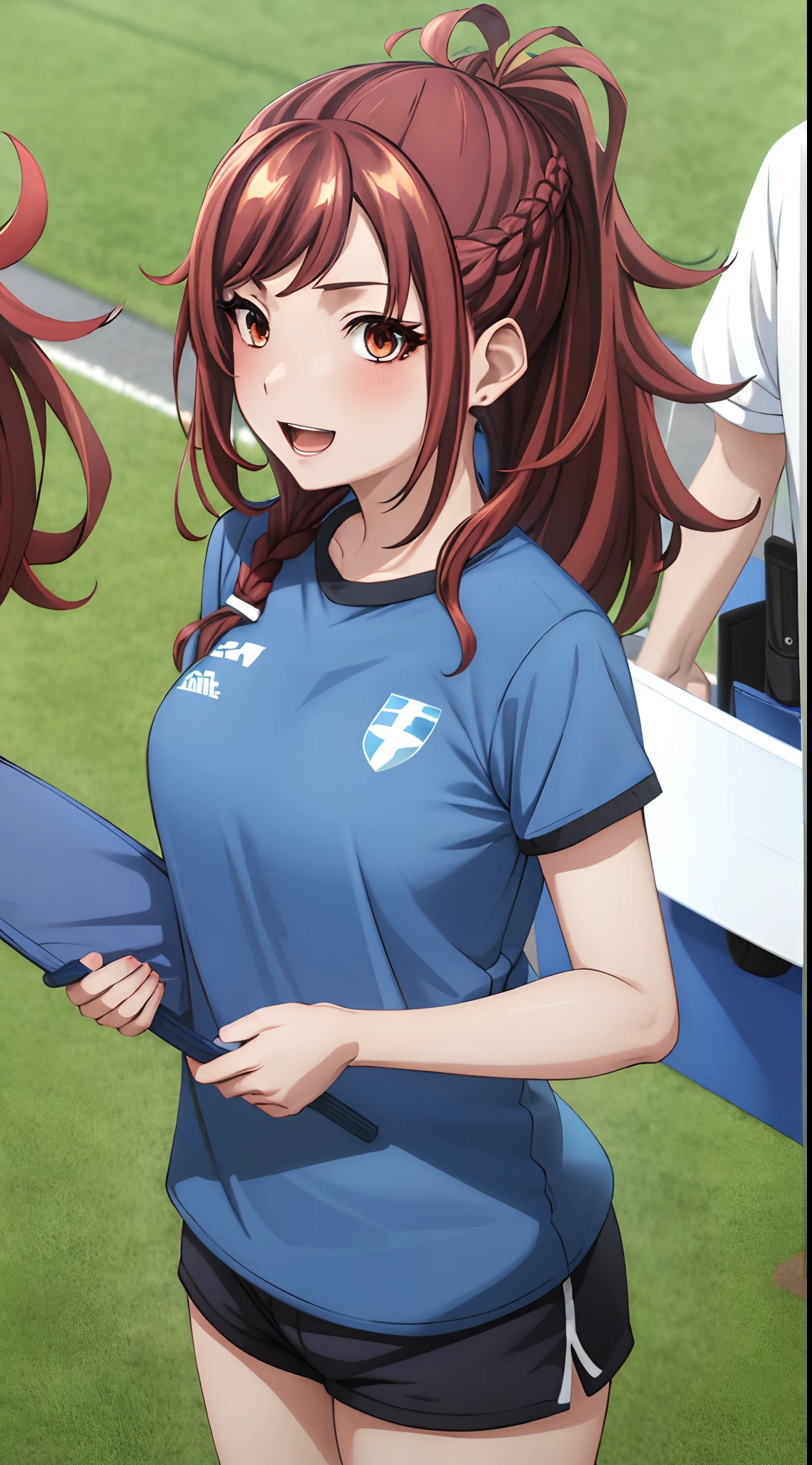 best quality, ((masterpiece)), highly detailed, soccer field, blurry background,
1girl, Kazama Kaede,
looking at the viewer, smile, open mouth,
red eyes, red hair, long hair, ponytail, braid, bangs, gym uniform, gym shorts, blue shorts, white shirt