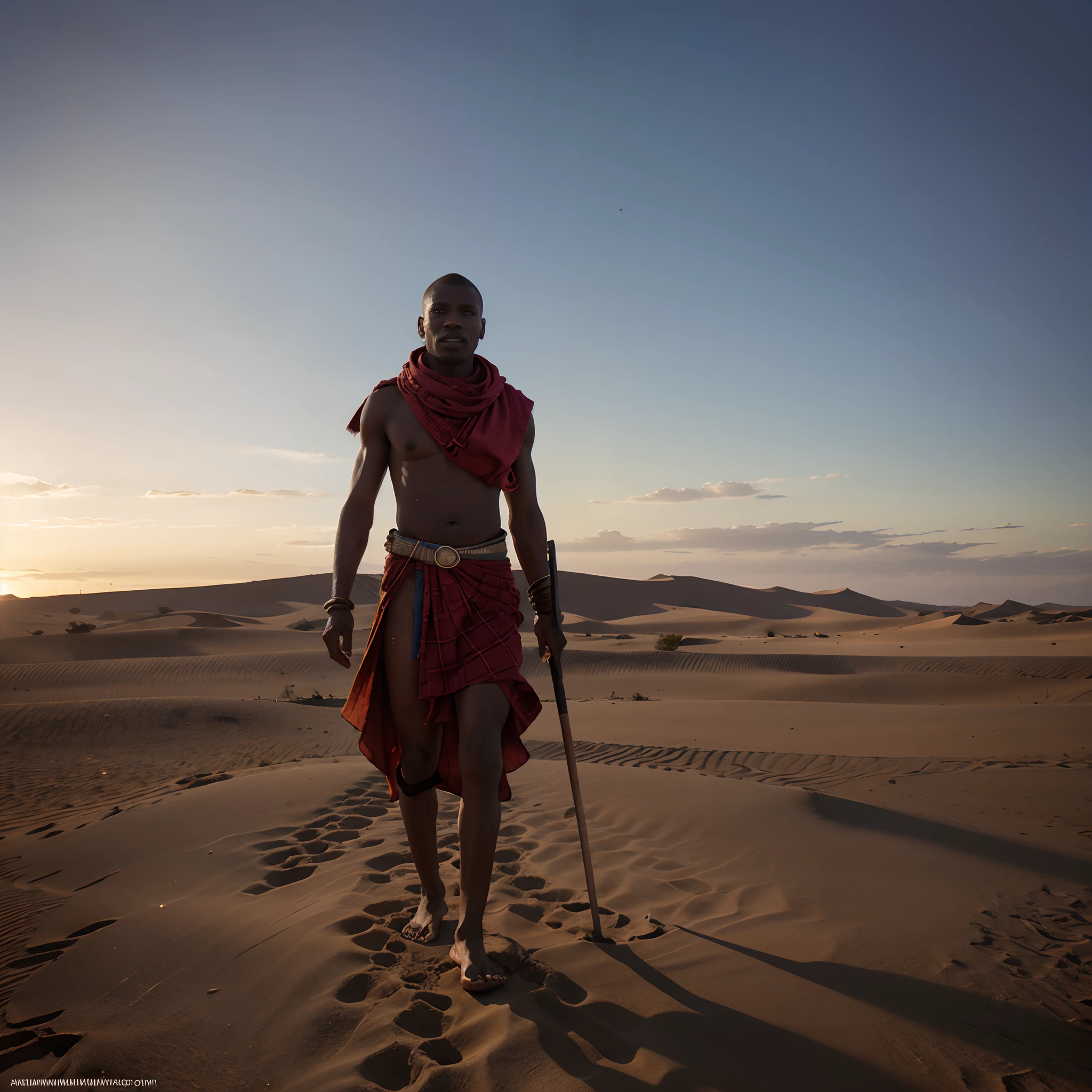 An African masai standing on one leg in a desert, wind blowing the sand, masai man holding a stick firmly placed on the ground, sunrise in the background shining,  with iridescent light, 32k, ultra HD, unreal engine rendered, cinematic lighting, artgerm style,