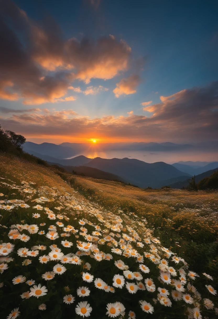 10,000 daisy flowers, Beautiful and perfect, Crisp at dusk,vibrant with colors.