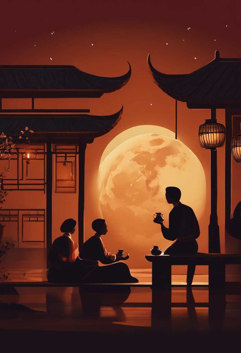 A group of people chatting under a full moon，eating fruits，Eat mooncakes，Play with lanterns