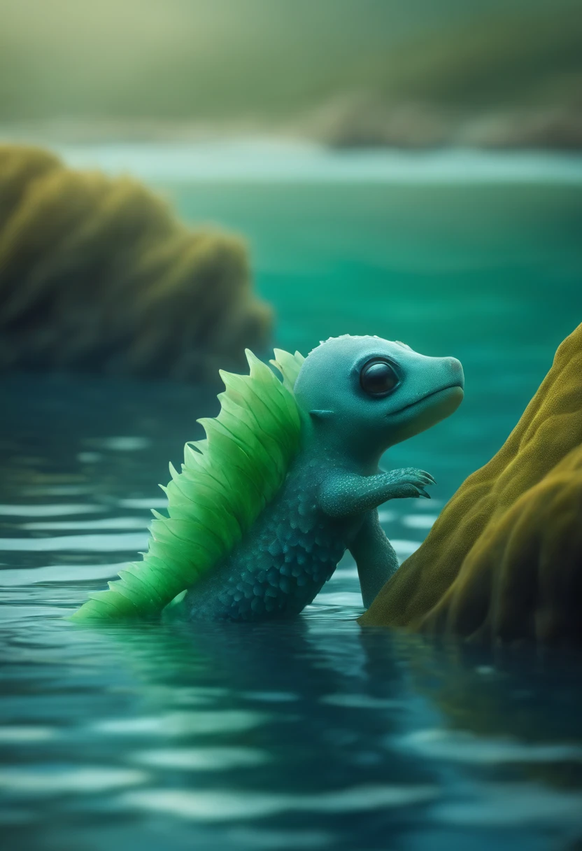 A Kelpy small and cute monster standing at clear ocean, the kelp color is gradient from blue to drak green.