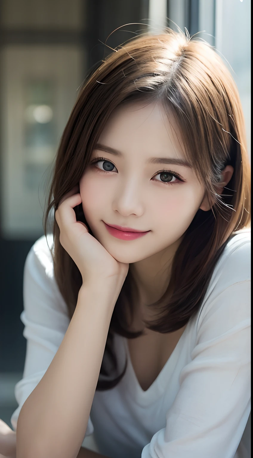 finely detail, hight resolution, hightquality、Perfect dynamic composition, Beautiful detailed eyes, Medium Hair, small tits、Natural Color Lip,Kamimei、Shibuya、20 years girl、1 persons、Transparent skin、Glowing hair、masutepiece, Best Quality, Illustration, Ultra-detailed, finely detail, hight resolution, 8K、The correct state of the human body、Crouch down、pretty pose,dishevled hair,beauty legs,Perfect beautiful face,KPOP Idol Face,Face with a smile all over his face