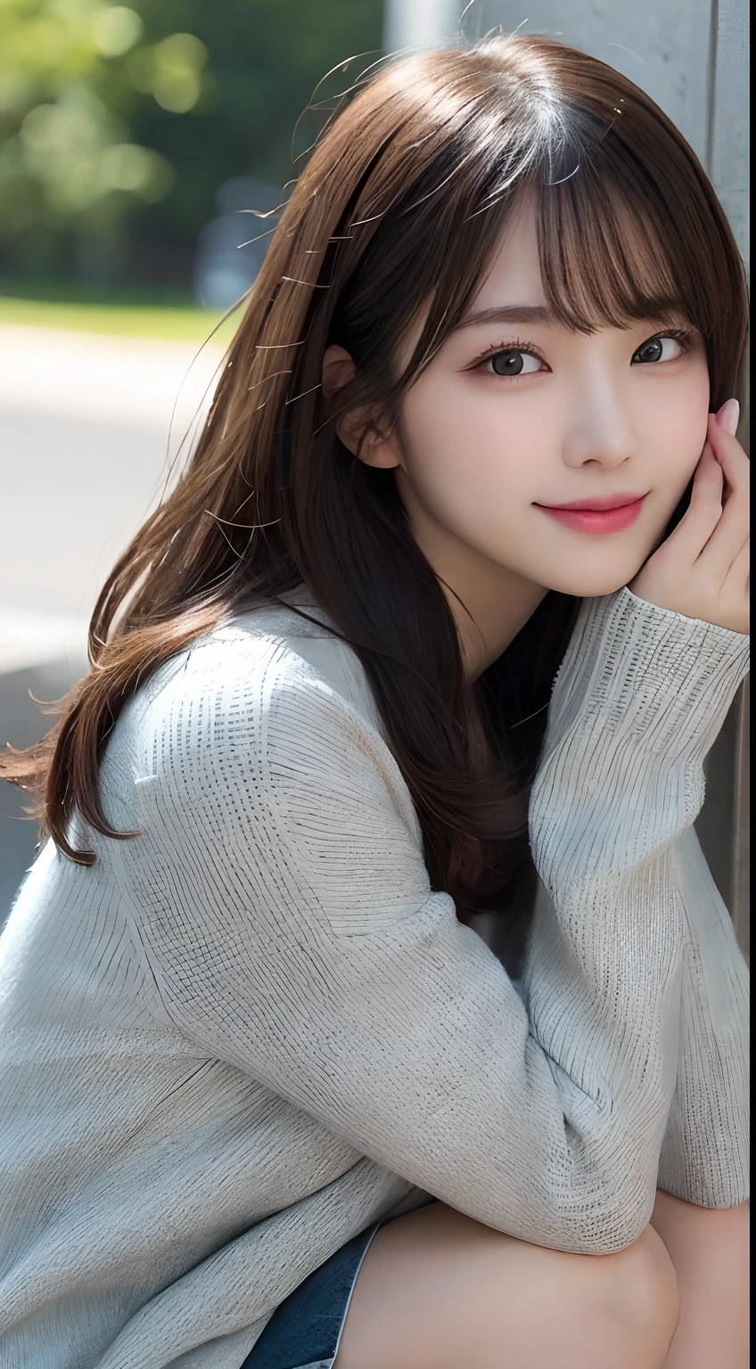 finely detail, hight resolution, hightquality、Perfect dynamic composition, Beautiful detailed eyes, Medium Hair, small tits、Natural Color Lip,Kamimei、Shibuya、20 years girl、1 persons、Transparent skin、Glowing hair、masutepiece, Best Quality, Illustration, Ultra-detailed, finely detail, hight resolution, 8K、The correct state of the human body、Crouch down、pretty pose,dishevled hair,beauty legs,Perfect beautiful face,KPOP Idol Face,Face with a smile all over his face