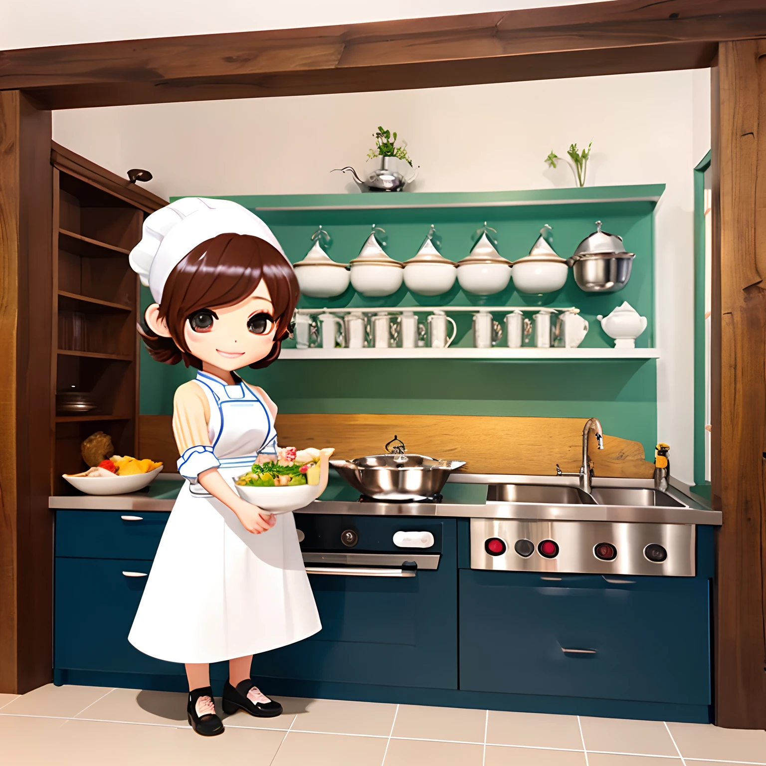 ​masterpiece、top-quality、ultra-detailliert、(Chibi Chara　chef:1.3)、Chef's whites costume、Chibi Kitchen、cook、Standing、a smile、