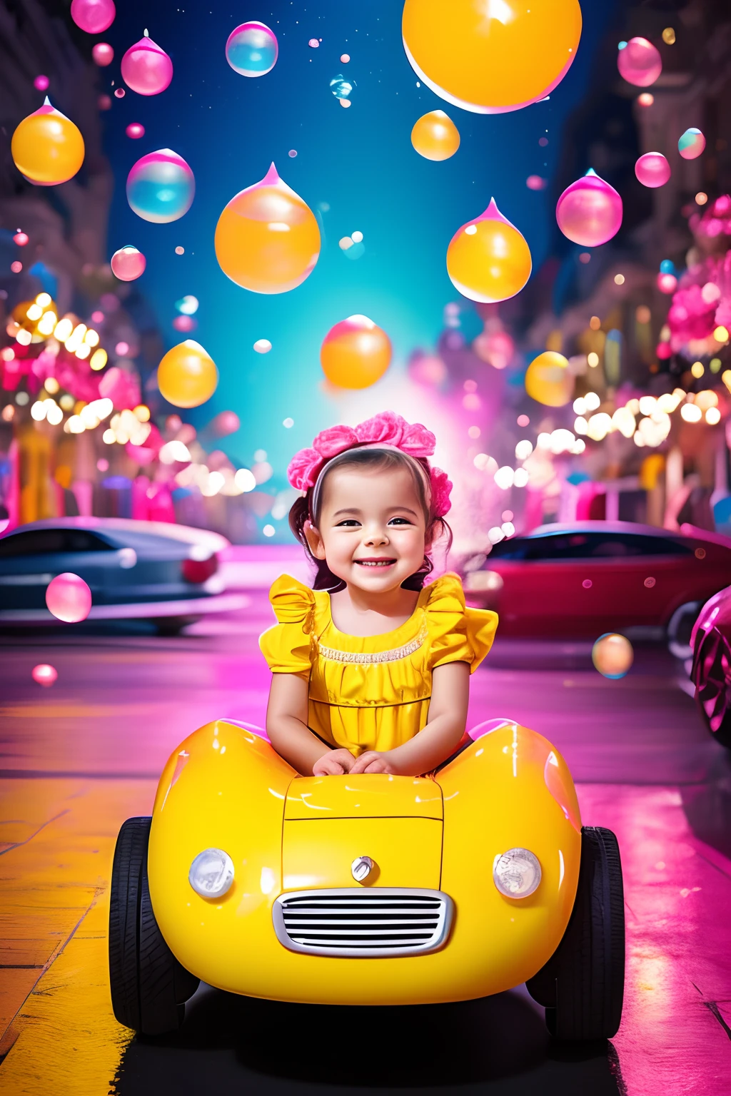 a nice girl,Sit in a bumper car,Pink bumper car,Littlein yellow dress,Laughed happily,Lots of colorful bubbles around,UI poster design,high qulity,Aesthetic painting style three-quarters side light