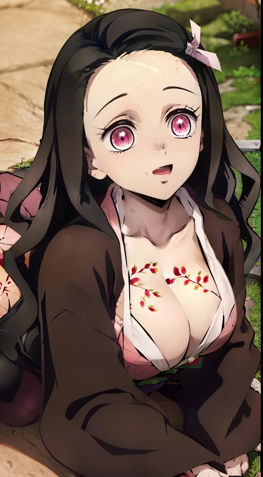 The camera looks down on her, lying on his back, Picture from above, Overhead view, ultra sharp image, Beautiful figure, sexypose, Lying on a futon, nice feet, buttocks, bare breast, teats, ultra detail face, Ultra Transparent, Nezuko Kamado from Demon Slayer, ultra sharp image, Ultra Beautiful, beautiful breasts. black hair, Transition to red, Japanese bath, Beautiful figure, taut clothes, black cape on pink kimano, big breastes, Smiling, green colored eyes, handsome body, sexy clothes, Beautiful eyes, very detailed eyes, Very detailed face, handsome body, Cherecter Desing, Sex position, Very detailed, Detailed body, Detailed hands, Detailed, Vibrants, Detailed Face, sharp-focus, WLOP, artgerm, anime art, Vibrants, Detailed Face, Hugh Details, sharp-focus, Very drooping face, A detailed eye, super fine illustration, better shadow, finely detail, Beautiful detail